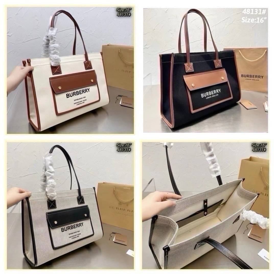 Burberry Freya Canvas Tote Bag Large กระเป๋าสะพายทรงโท้ทใบใหญ่จุใจ ดีไซน์ทรงเหลี่ยมสวยอยู่ทรง ด้านหน้ามีช่องใส่ของ ภายในโล่งกว้างจุของใช้ได้เยอะ