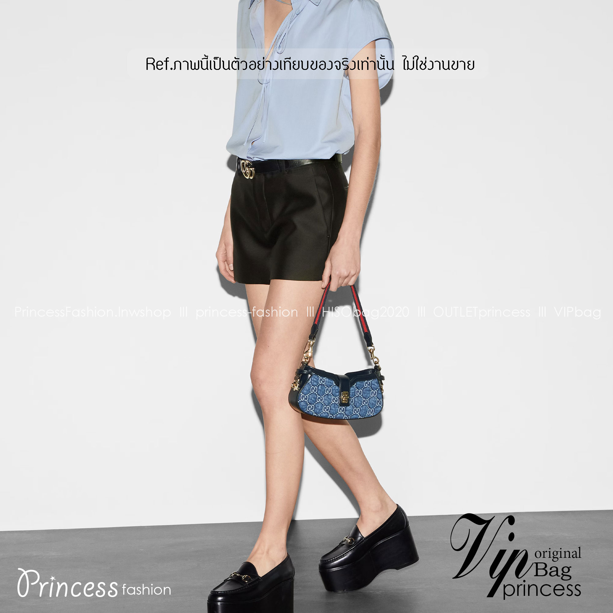 GUCCI MOON SIDE MINI SHOULDER BAG Blue GG denim กระเป๋าสะพายไหล่เดนิม เกรดออริ ท็อป สลับแท้ 1:1 เกรดดีสุด ใช้งานต่างประเทศได้