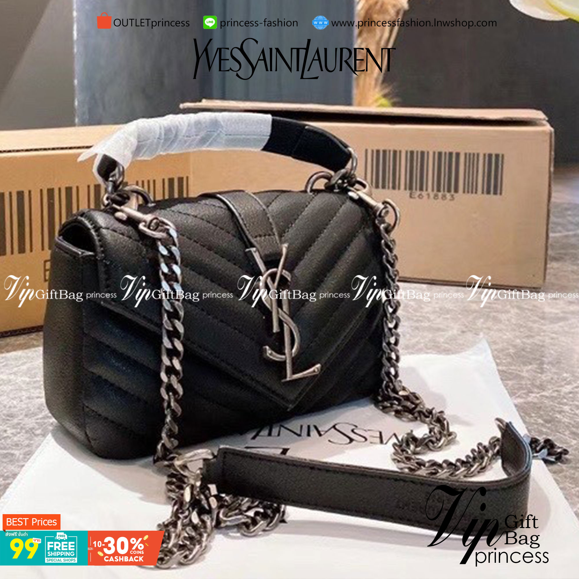 VIP 】YSL Saint Laurent Small College quilted leather shoulder bag กระเป๋าสะพายข้าง ลายเชฟรอน แต่งอะไหล่สีเงิน เปิดหน้าจะสะพายข้างหรือครอสบอดี้ก็ดูดีค่ะ ตัวสายยาวถอดได้ ขนาดน่ารักน่าใช้มากค่า