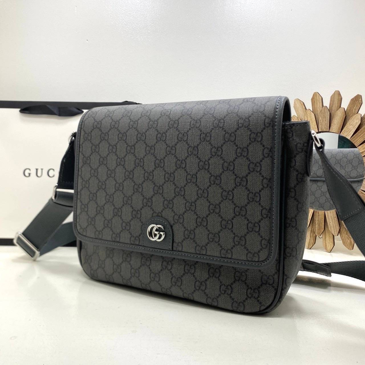 ORI หนังแท้ | GUCCI Ophidia medium messenger bag Gray กระเป๋าสะพายทรงแมสเซ็นเจอร์ Canvas GG Supreme เนื้อผ้าที่เหมาะสำหรับไลน์แอคเซสเซอรี่สำหรับผู้ชาย