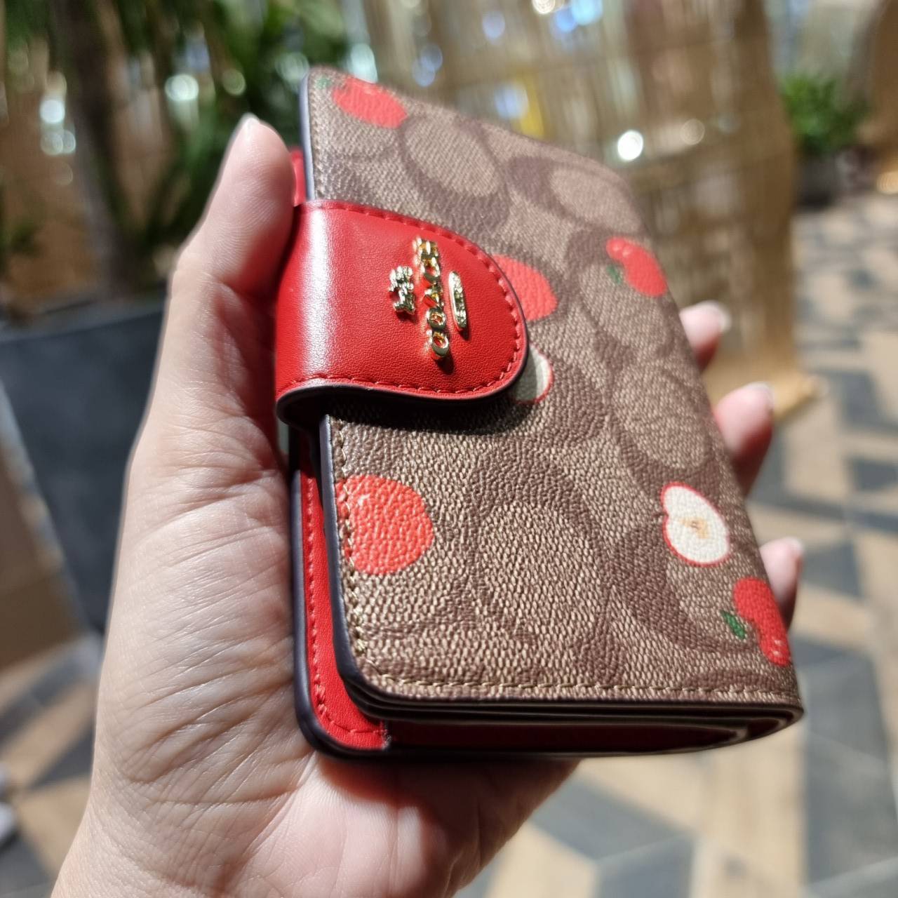 COACH C4117 MEDIUM CORNER ZIP WALLET IN SIGNATURE CANVAS WITH APPLE PRINT ดีไซน์ใหม่ล่าสุด!! คอลเลคชั่นลายพริ้นท์แอปเปิ้ลแดงโดดเด่นบนพื้นลายซิกเนเจอร์ เพิ่มลูกเล่นให้กระเป๋าสตางค์ของคุณ กระเป๋าสตางค์ใบกลาง ขนาดกำลังเหมาะมือ วัสดุหนังแคนวาส ดูแลรักษาง่าย ม