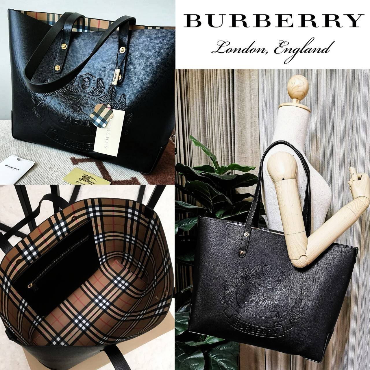 VIP 🥂 BURBERRY FRAGRANCES TOTE BAG VIP รุ่นแนะนำ ดีไซน์สวยโดดเด่นหนังสีดำขึ้นเทคเจอร์ด้านหน้ามีโลโล้แบรนด์ ภายในลายวินเทจสุดคลาสสิค โล่งกว้างมีช่องซิปเล็กและโลโก้ด้านใน สามารถใส่เอกสาร A4 Notebook ipad สัมภาระได้เยอะจุใจ หูหิ้วหนังจับถนัดมือสะพายไ