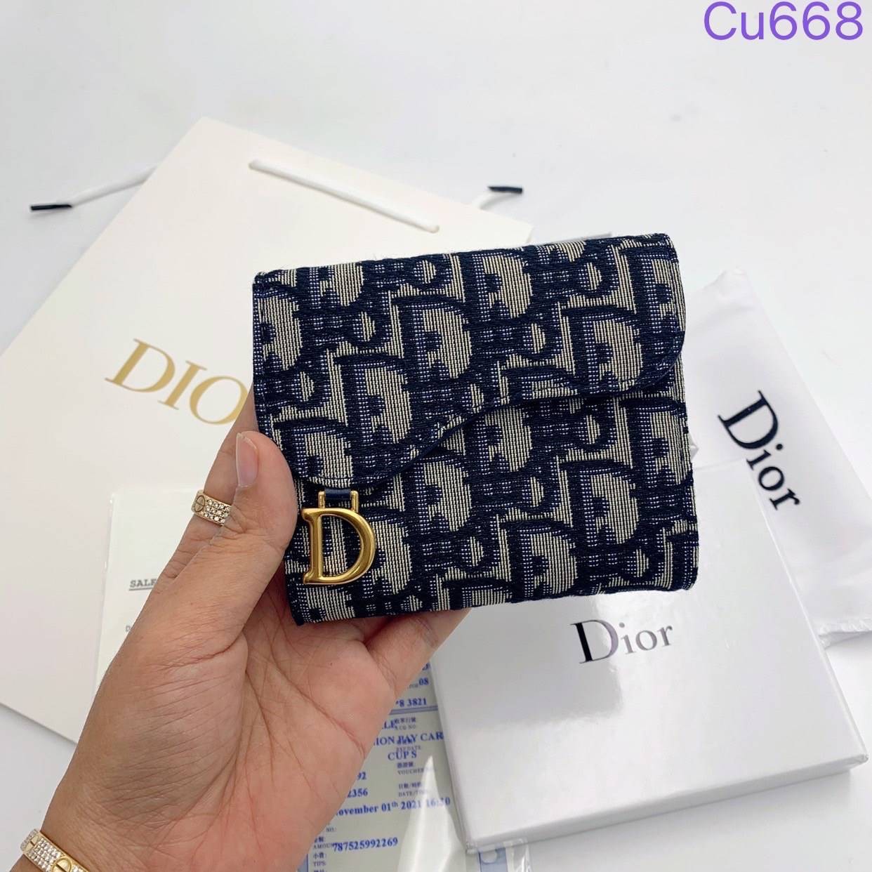 DIOR Saddle Lotus Wallet Blue Dior Oblique Jacquard กระเป๋าสตางค์ แบรนด์หรู พร้อมส่งที่ไทย ภาพสินค้าถ่ายจากงานขายจริง ใช้งานต่างประเทศได้