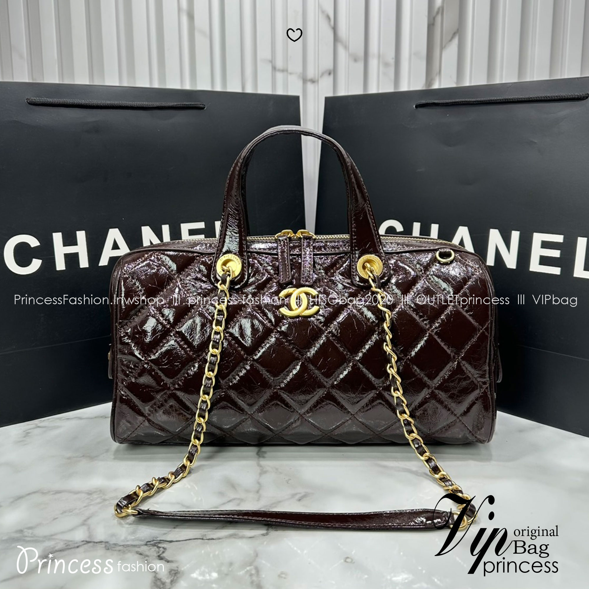 ORI หนังแท้ | Chanel Large Bowling Bag Crumpled Leather / Chanel Keepall Bag กระเป๋าถือ กระเป๋าสะพายรุ่นใหม่ล่าสุด ดีไซน์หนังยับเงา รูปแบบเรียบหรูหราใช้งานง่าย สวยงามตามแบบฉบับแบรนด์