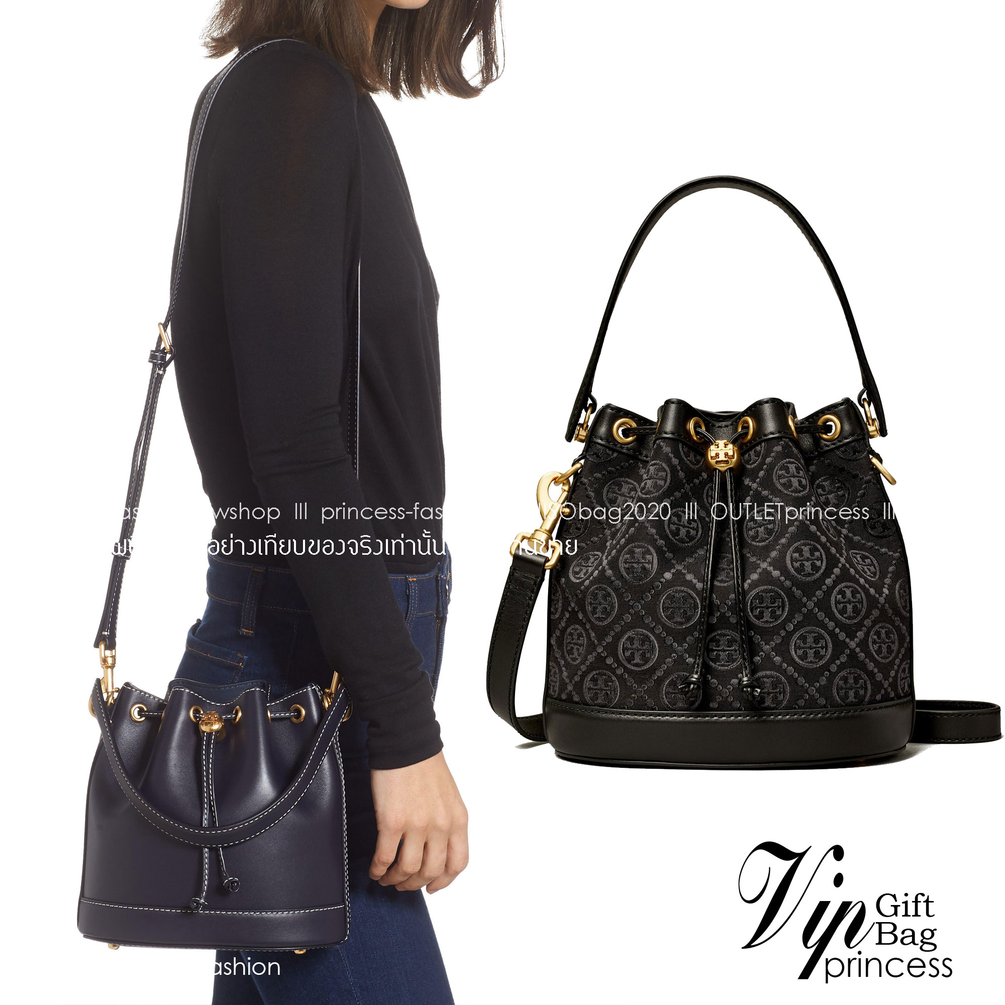TORY BURCH T MONOGRAM BUCKET BAG jacquard black / Tory Bucket Bag สีดำคลาสสิก กระเป๋าทรงขนมจีบ รุ่นใหม่ล่าสุด วัสดุผ้าแจคการ์ด ตัดขอบหนังสวย