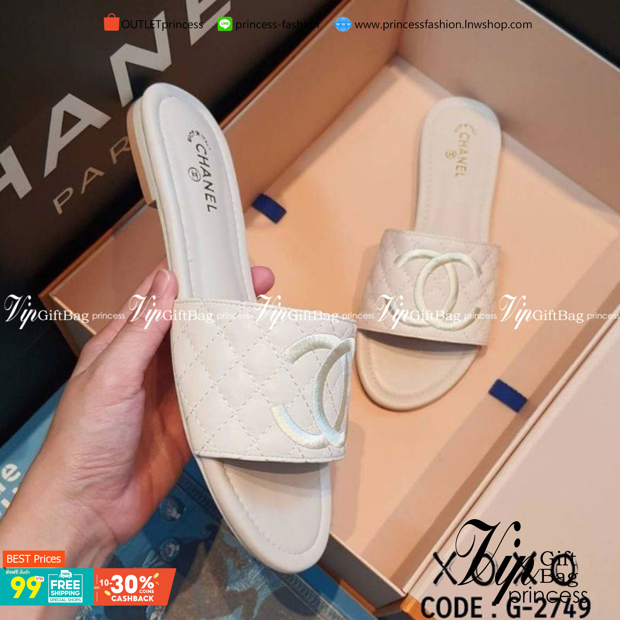 CHANEL SANDELS แตะงานแบรด์ ชิคๆ สวย หรู นุ่มมาก ใส่สบาย วัสดุหนัง PU เย็บตาราง ด้านหน้างานปักโลโก้ สวย เรียบร้อย แมทส์ชุดง่าย น้ำหนักเบา