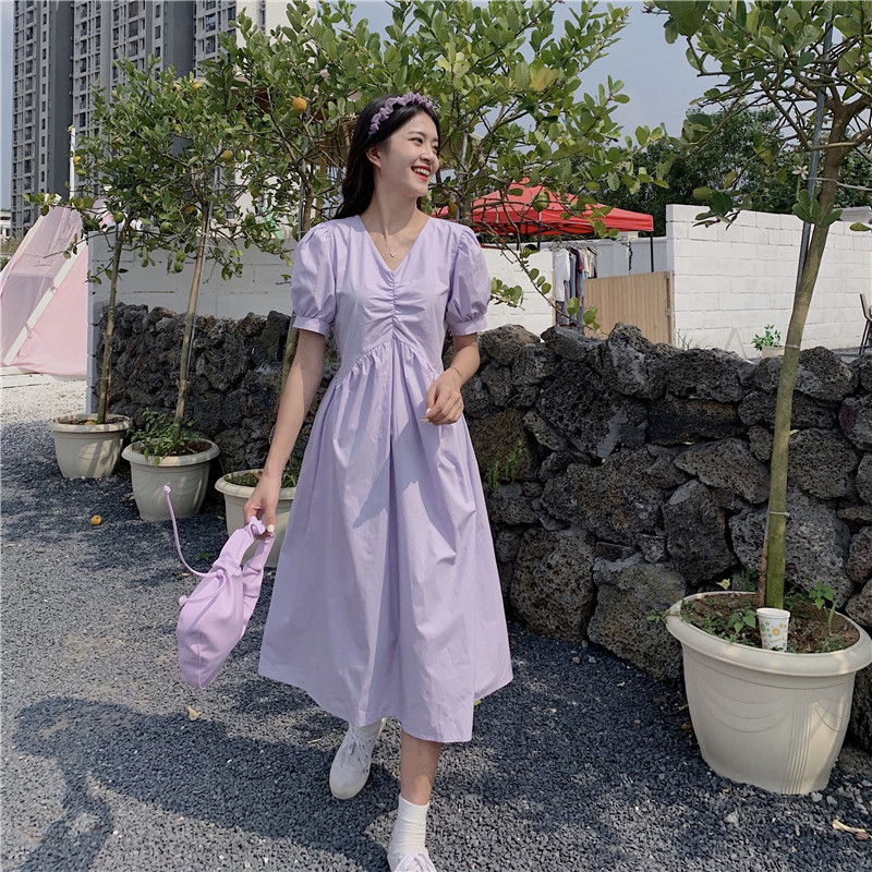 พร้อมส่ง 🐙 Serenity dress เดรสยาวแขนสั้นสีม่วงพาสเทลน่ารัก (IN32131)
