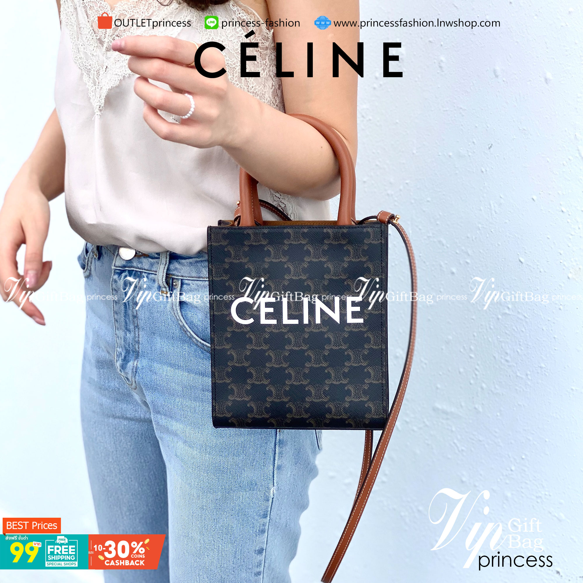 CELINE MINI VERTICAL CABAS IN TRIOMPHE CANVAS มีโลโก้ CELINE สกรีนอยู่ตรงกลาง ถือเป็นกระเป๋า Tote ที่ทำจากแคนวาสที่น่าสนใจมาก ๆ อีกรุ่นหนึ่ง และเป็นรุ่นที่ได้รับคำชื่นชมจากแฟชั่นกูรูทั้งหลายอีกด้วย หากใครที่อยากเป็นเจ้าของกระเป๋า Tote จาก CELINE สักใบ รุ่