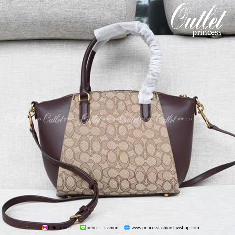 Coach Elise Satchel In Signature Canvas Product Details Signature coated canvas and refined calf leather Inside zip and snap pockets Zip-top closure, fabric lining Handles with 4 1/2" drop Outside zip pocket