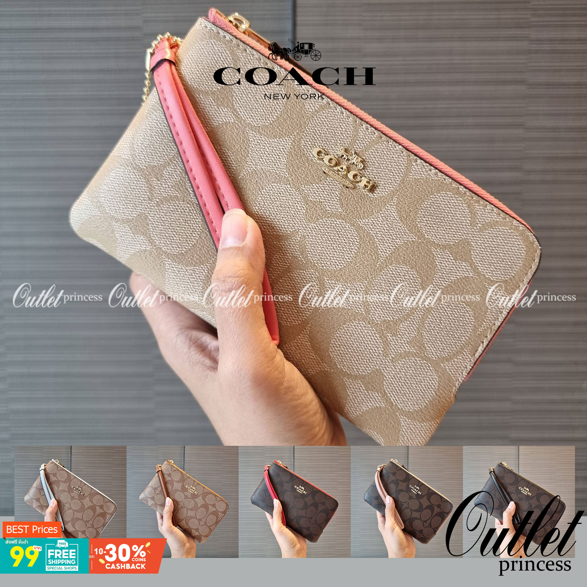 COACH F87591 DOUBLE CORNER ZIP WALLET IN SIGNATURE COATED CANVAS คล้องมือรุ่น 2 ซิป!! มาแล้วจ้า 🌟🤗 ไซส์นี้คือเหมาะมือจริงๆ พกง่ายเช่นเคย ไม่ต้องกังวลว่าจะเกะกะหรือกินพื้นที่กระเป๋าหลัก วัสดุหนังแคนวาสเคลือบลาย มีช่องหลักแยก 2 ช่อง ภายในบุผ