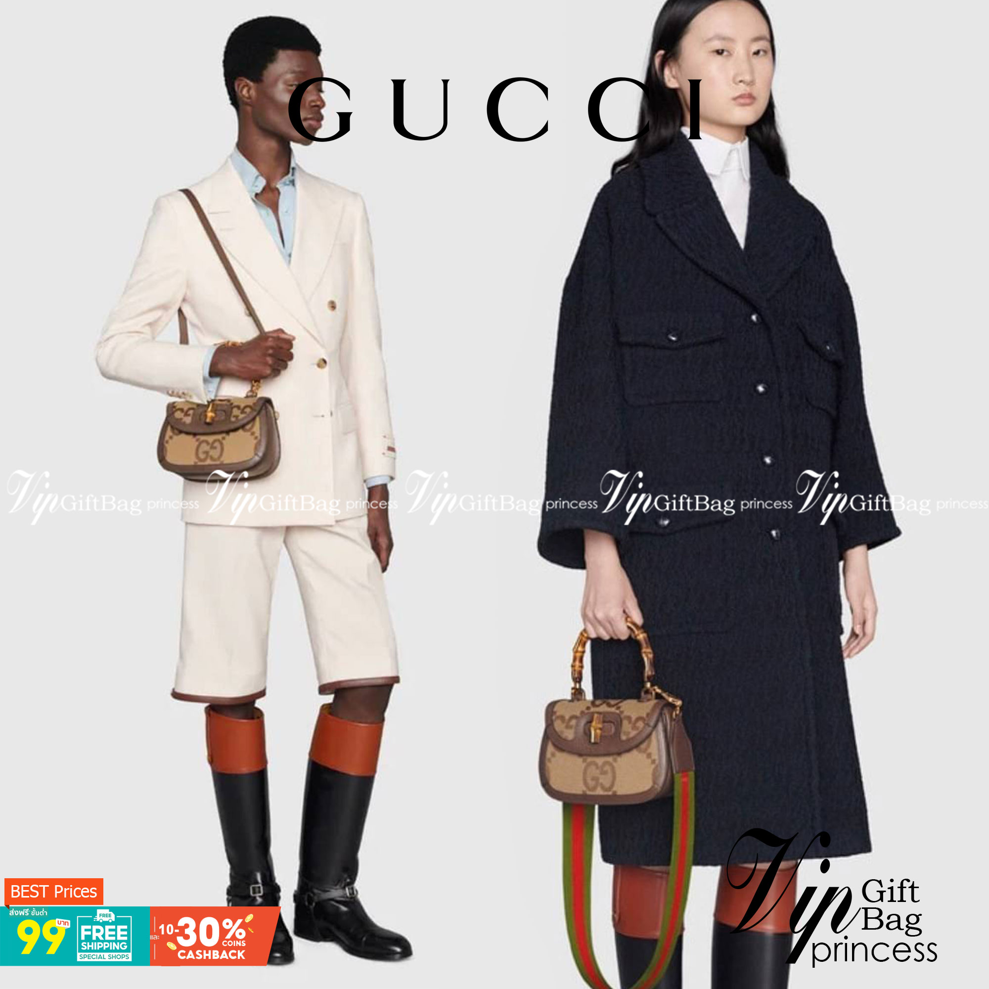 Gucci Bamboo 1947 jumbo GG mini bag พร้อมส่งที่ไทย Camel and ebony jumbo GG canvas