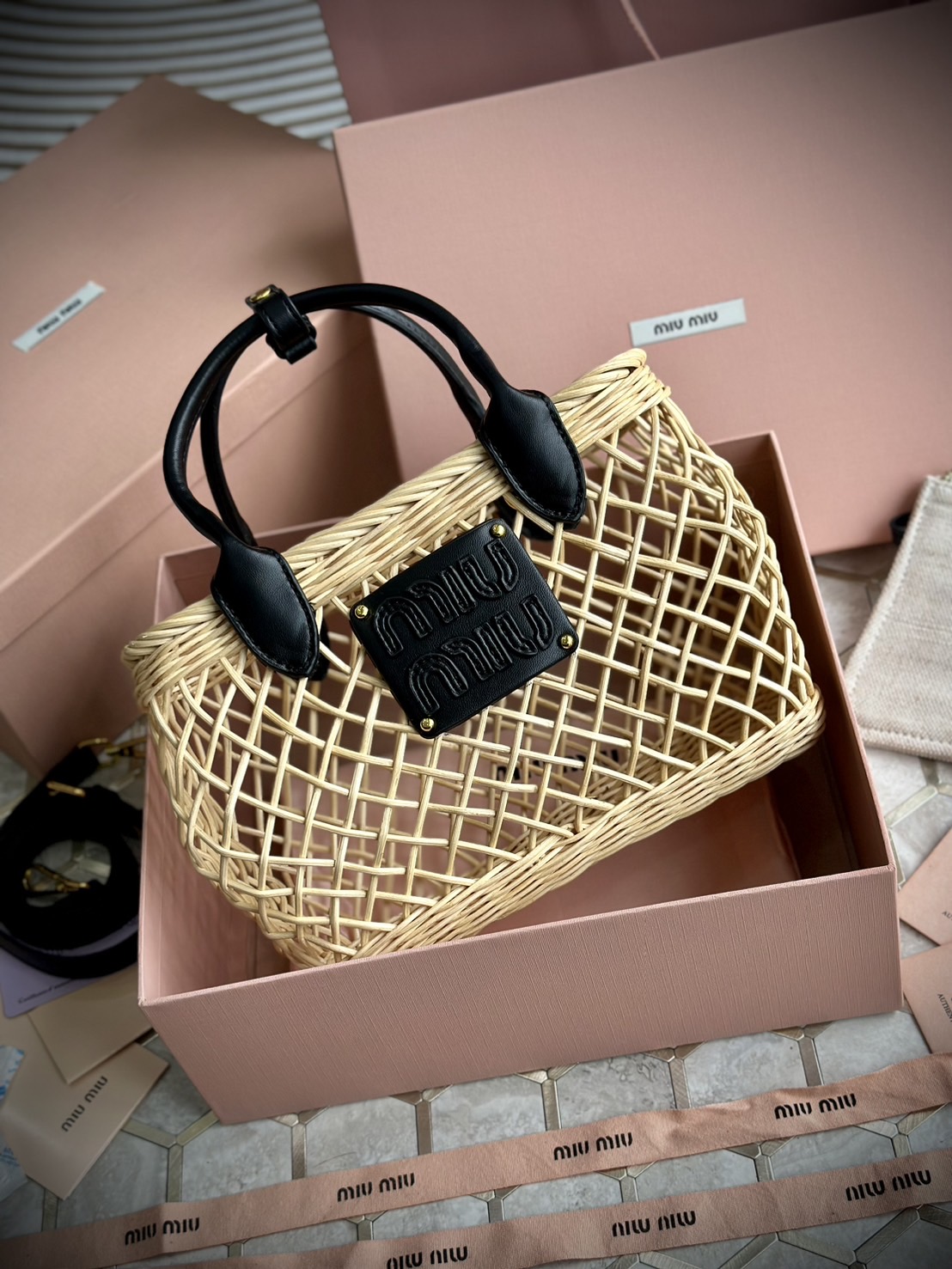 Miu Miu Woven fabric handbag with leather trim กระเป๋าสานดีไซส์ย้อนยุค