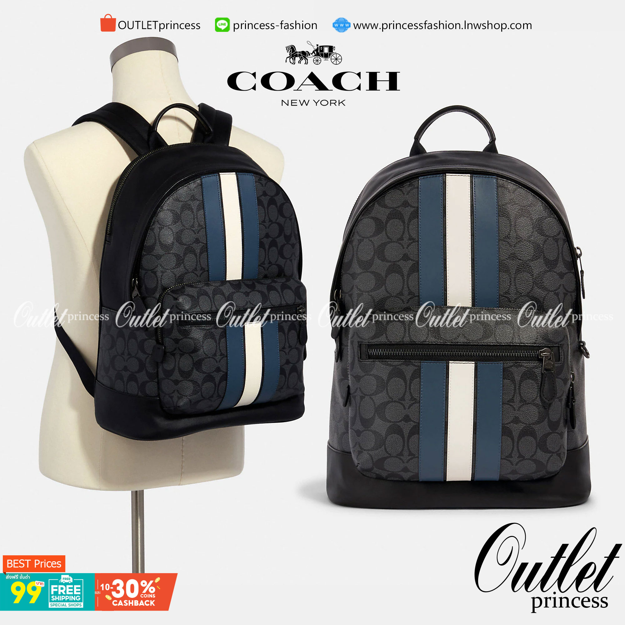 COACH WEST BACKPACK IN SIGNATURE CANVAS WITH VARSITY STRIPE (COACH 3001)😎กระเป๋าเป้ กระเป๋าสะพาย รุ่นหายาก ที่มีมาไม่บ่อย// วัสดุแคนวาส ผสมหนังแท้ หนังนิ่ม ทรงสวย จุของได้เยอะ ลาย SIGNATURE โดดเด่น ดูดีม๊าก!!// มีช่องหลัก แยกเป็น 2 ช่อง สามารถแยกเ