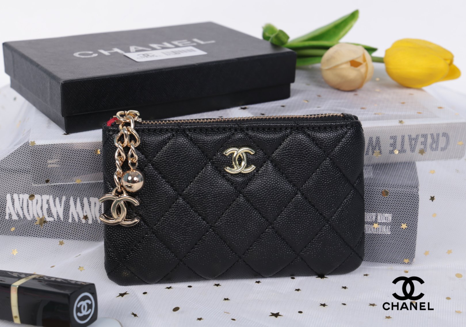 CHANEL Wallet Coin Pouch New / chanel o case black caviar สวยหรู ดูแพง น่าใช้มากค่ะ พร้อมสายโซ่สำหรับห้อยพวงกุญเเจ อะไหล่ทองทั้งใบ
