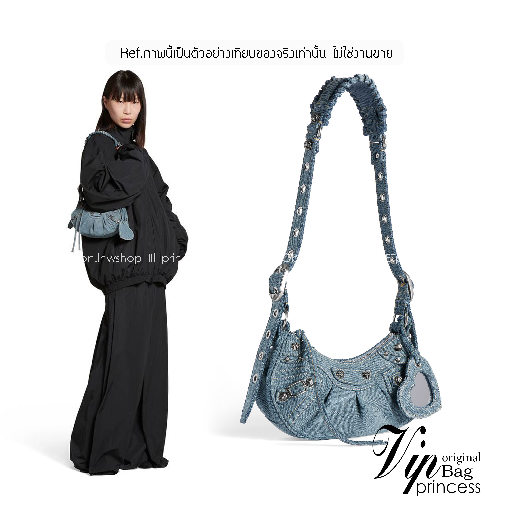 Balenciaga LE CAGOLE XS SHOULDER BAG GIRLY ALLOVER DENIM IN BLUE กระเป๋าสะพายรุ่นยอดนิยม สวยเท่ เกรดออริ 1:1 สลับแท้ ใช้งานต่างประเทศได้