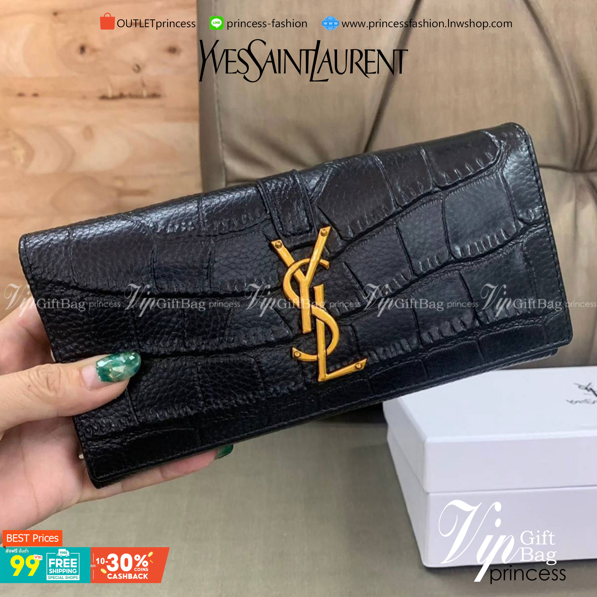 กระเป๋าสตางค์ใบยาว SAINT LAURENT YSL BAG VIP GIFT WITH PURCHASE (GWP) พรีเมี่ยมกิ้ฟ Limited Edition จาก YSL DUTY FREE COUNTER วัสดุหนังแกะหนังเคราะห์ ตกแต่งลวดลายหนังจรเข้ หนังขึ้นรูปเงาสวย ทรงหรู ดูดีมากๆค่ะ น้ำหนักเบา จับถนัดมือ