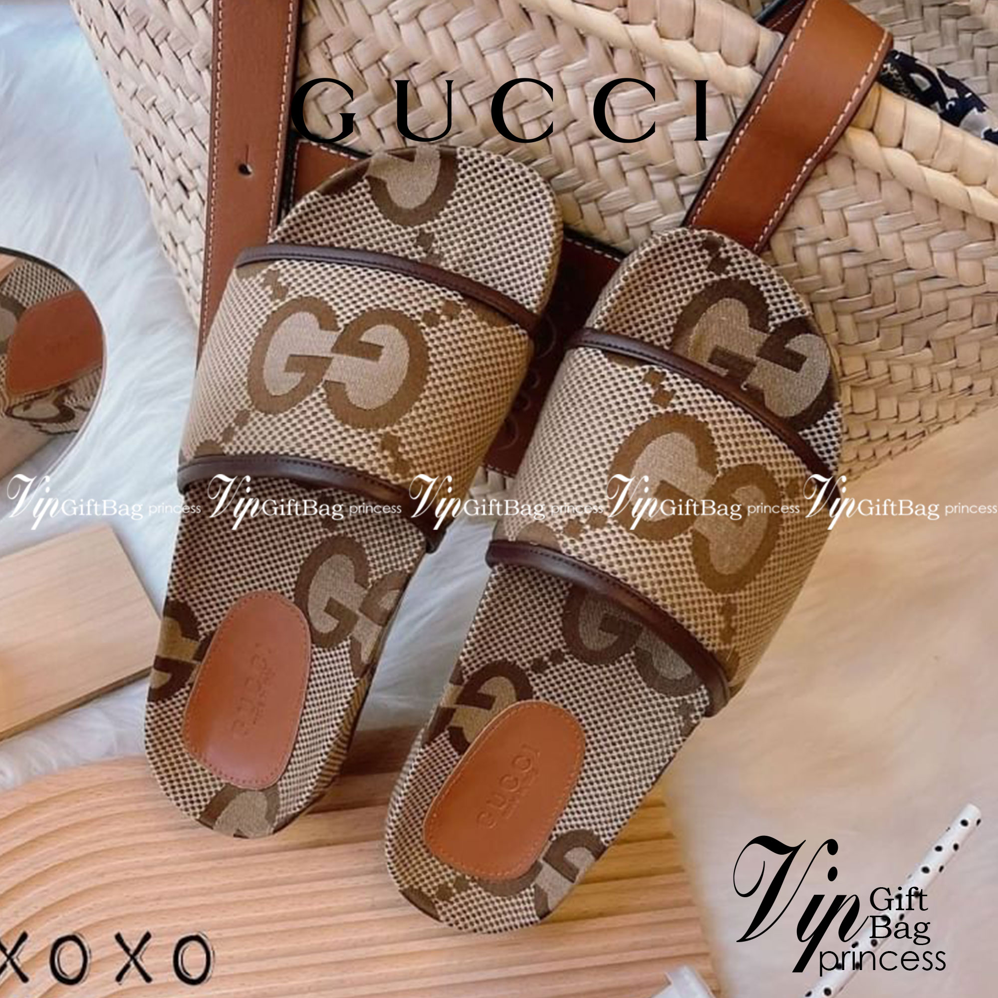 GUCCI รองเท้าแตะ GG jumbo ลายผ้าแบรนด์ นุ่ม ใส่สบ่ย กระชับ น้ำหยักเบา แมทส์ชุดง่าย