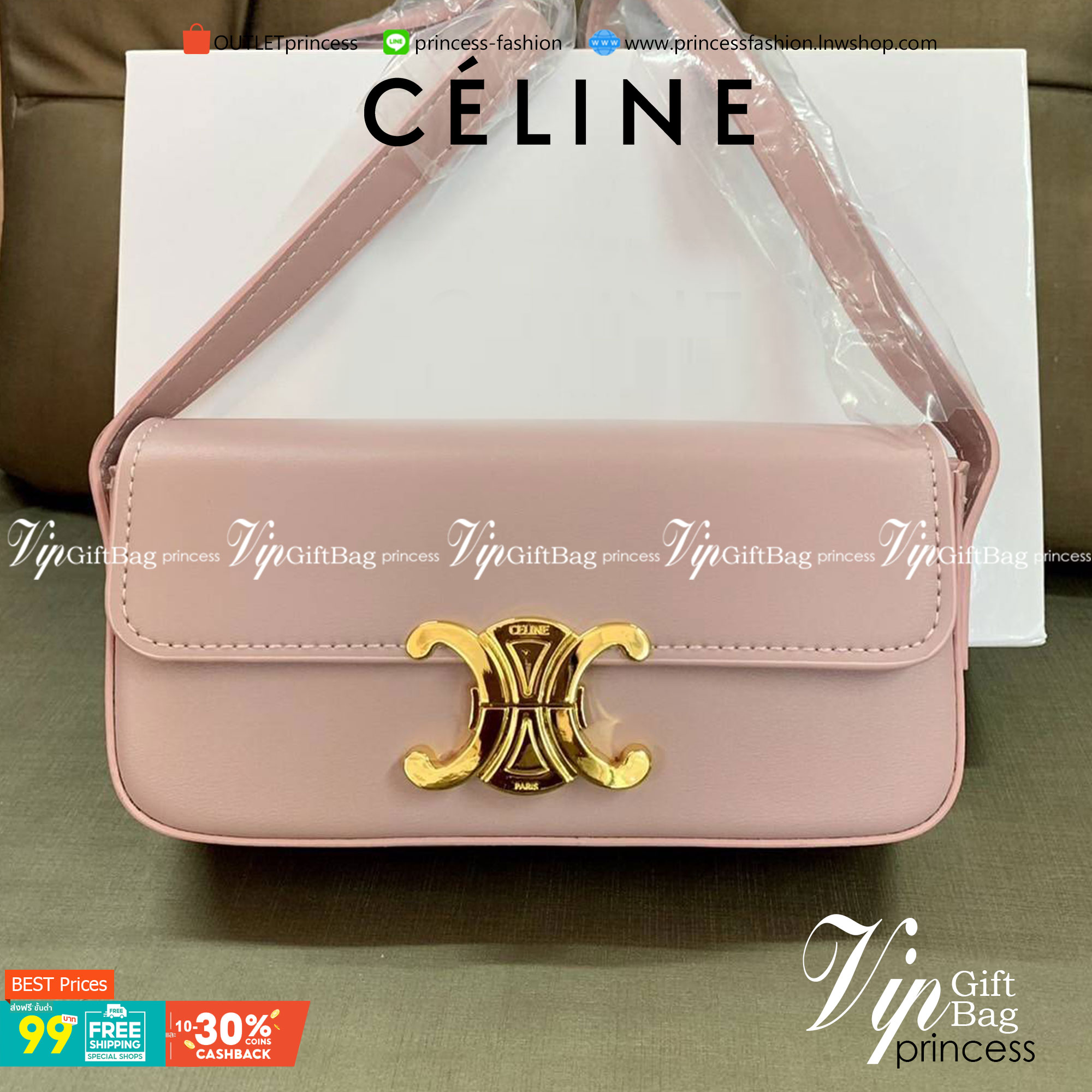 CELINE TRIOMPHE SHOULDER BAG VIP GIFT WITH PURCHASE-GWP พรีเมี่ยมกิ๊ฟ Limited Edition จาก CELINE PERFUME DUTY FREE COUNTER วัสดุหนังแกะสังเคราะห์เรียบ ดีไซน์ยอดนิยมสไตล์สาว LISA ทรงเหลี่ยมสวยหรูอยู่ทรง