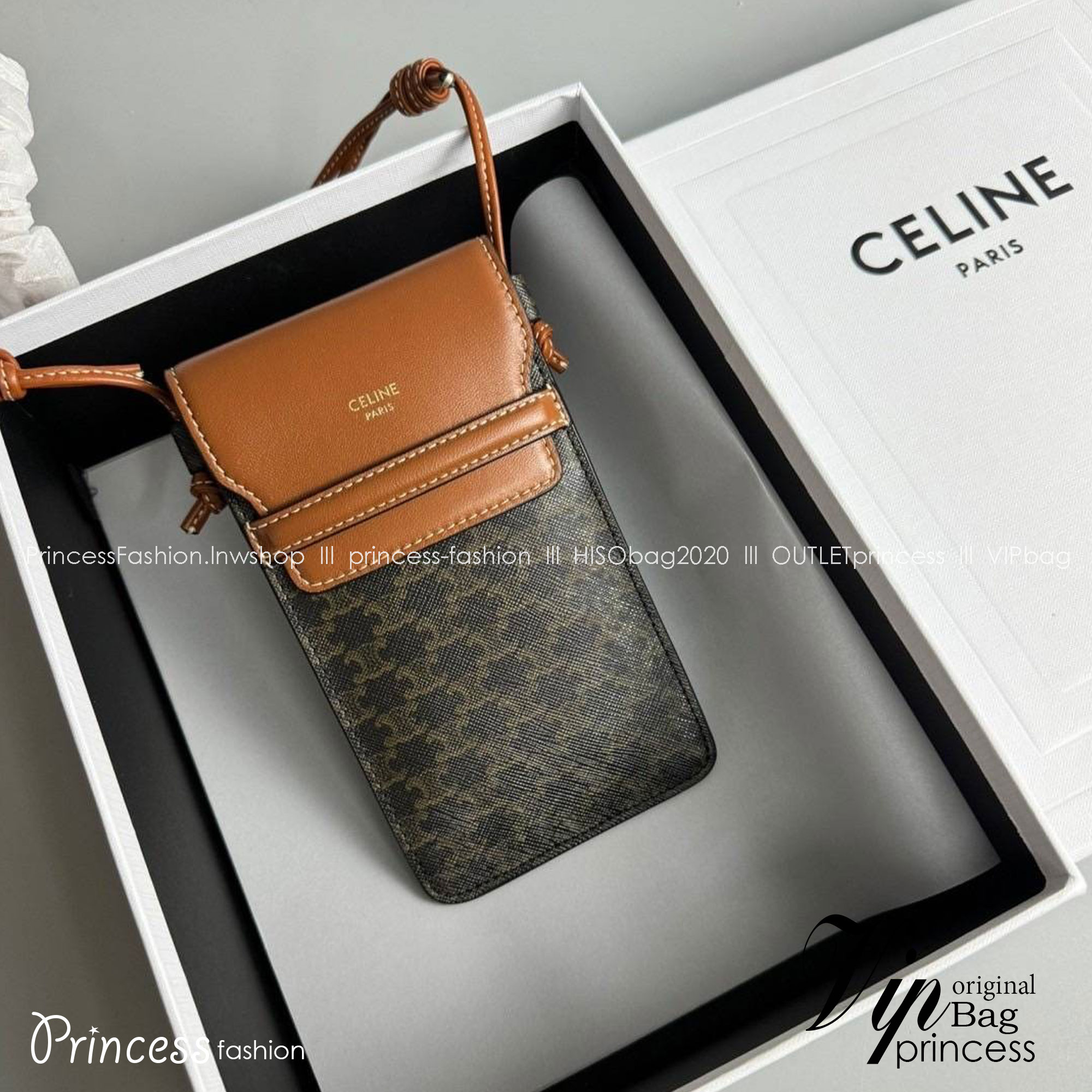 CELINE PHONE POUCH WITH FLAP IN TRIOMPHE CANVAS AND LAMBSKIN กระเป๋าใส่โทรศัพท์ เกรดท็อปออริจินอล 1:1 สลับแท้