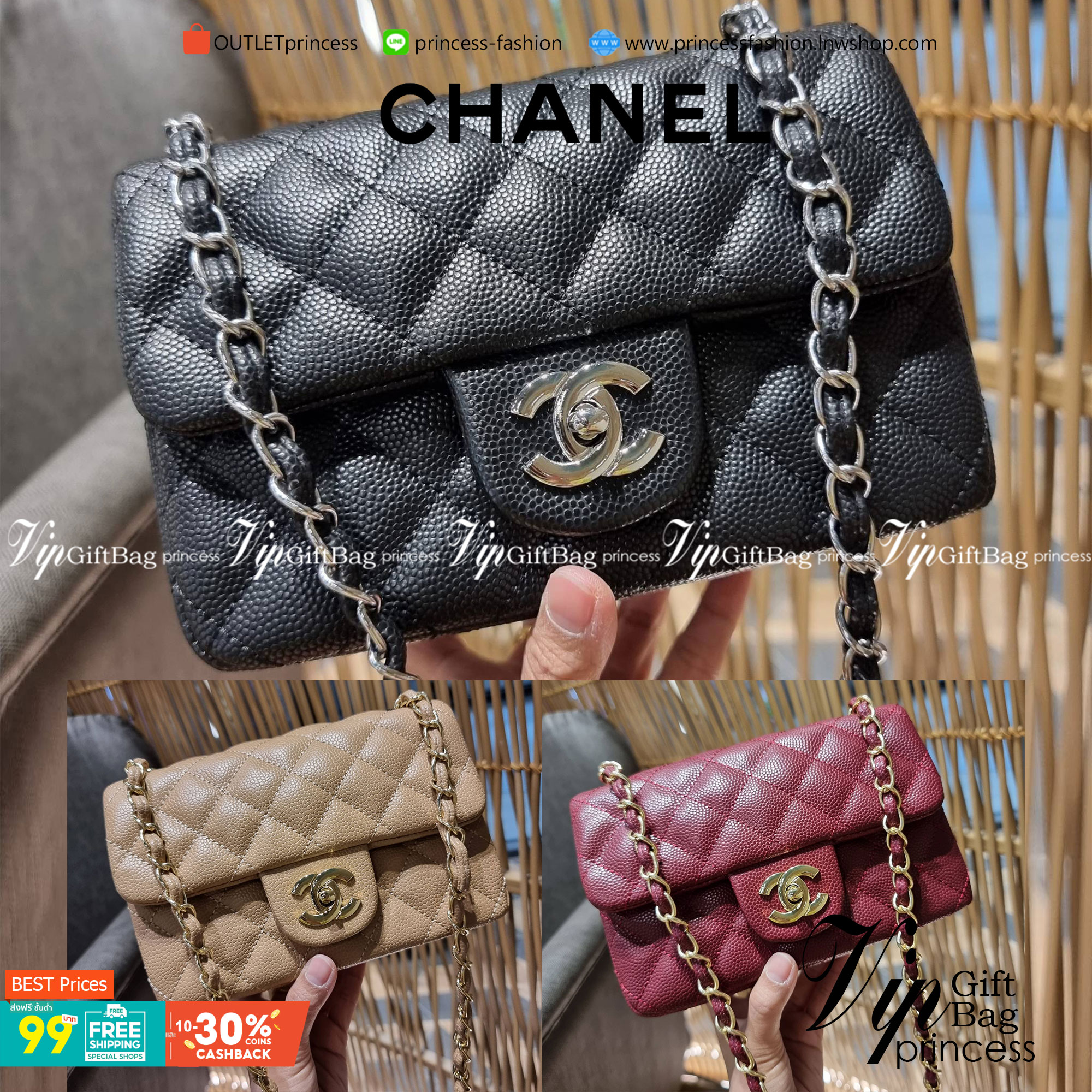 VIP 】3สี คัมแบคทูสต็อค!! จัดมาแน่นๆ พร้อมสีรับความเฮง!! พรีเมี่ยมจากแบรนด์ Chanel vip สุดพิเศษจากเคาน์เตอร์ กระเป๋าสะพาย หนังสังเคราะห์ลายคาร์เวีย หรูหราทั้งอะไหล่เงินและอะไหล่ทอง สะพายแล้วขับผิวมากๆใบนี้ เปิด-ปิดกระเป๋าด้วยตัวบิดล็อค ภายในกระเป๋าบุหนังสี