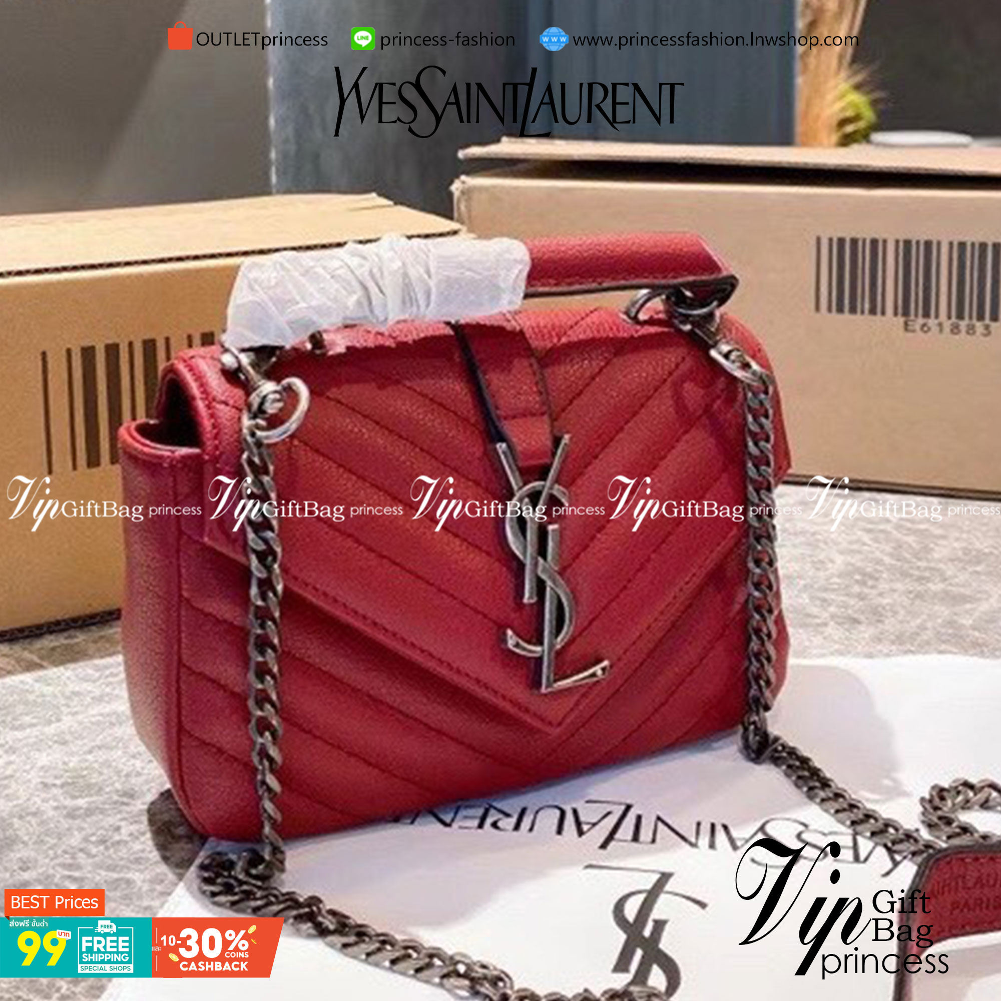 VIP 】YSL Saint Laurent Small College quilted leather shoulder bag กระเป๋าสะพายข้าง ลายเชฟรอน แต่งอะไหล่สีเงิน เปิดหน้าจะสะพายข้างหรือครอสบอดี้ก็ดูดีค่ะ ตัวสายยาวถอดได้ ขนาดน่ารักน่าใช้มากค่า