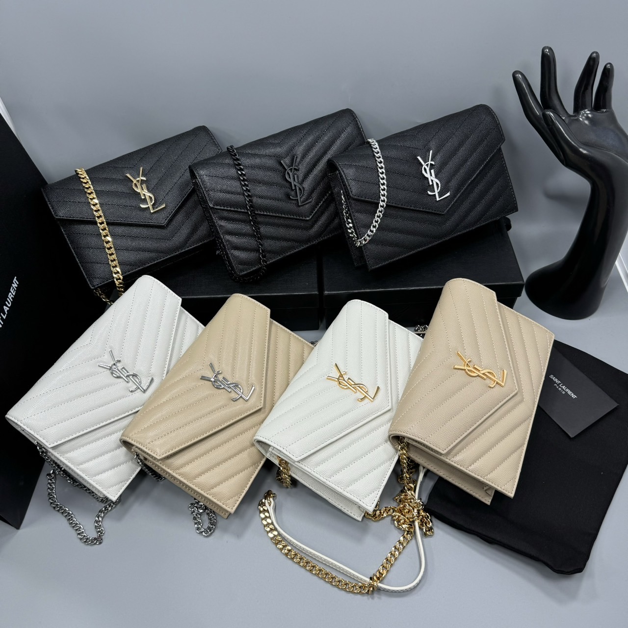 YSL Envelope WOC 7.5 Wallet on chain / YSL Clutch Bag 7.5" กระเป๋าสะพายรุ่นยอดนิยม เกรดหนังคาเวียร์สวยเต็มใบ เกรดออริ 1:1 ใช้งานต่างประเทศได้