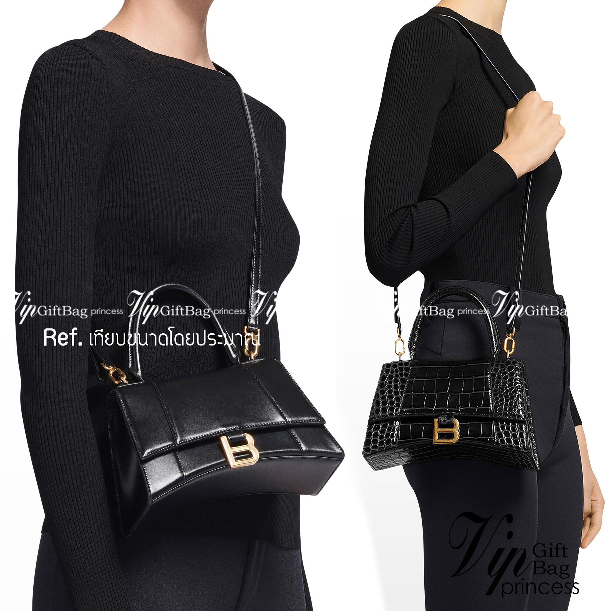 BALENCIAGA Hourglass BAG XS S / BALENCIAGA Hourglass Crocodile embossed calfskin กระเป๋าสะพายแบรนด์หรูซิกเนเจอร์ใบล่าสุด ที่มาพร้อมดีไซน์โดดเด่น มีความโฉบเฉี่ยว โค้งมนเหมือนพระจันทร์เสี้ยว เพิ่มความโดดเด่นสะดุดตาด้วยการตกแต่งอักษร B เมทัลลิก ที่เป็นเอกลัก