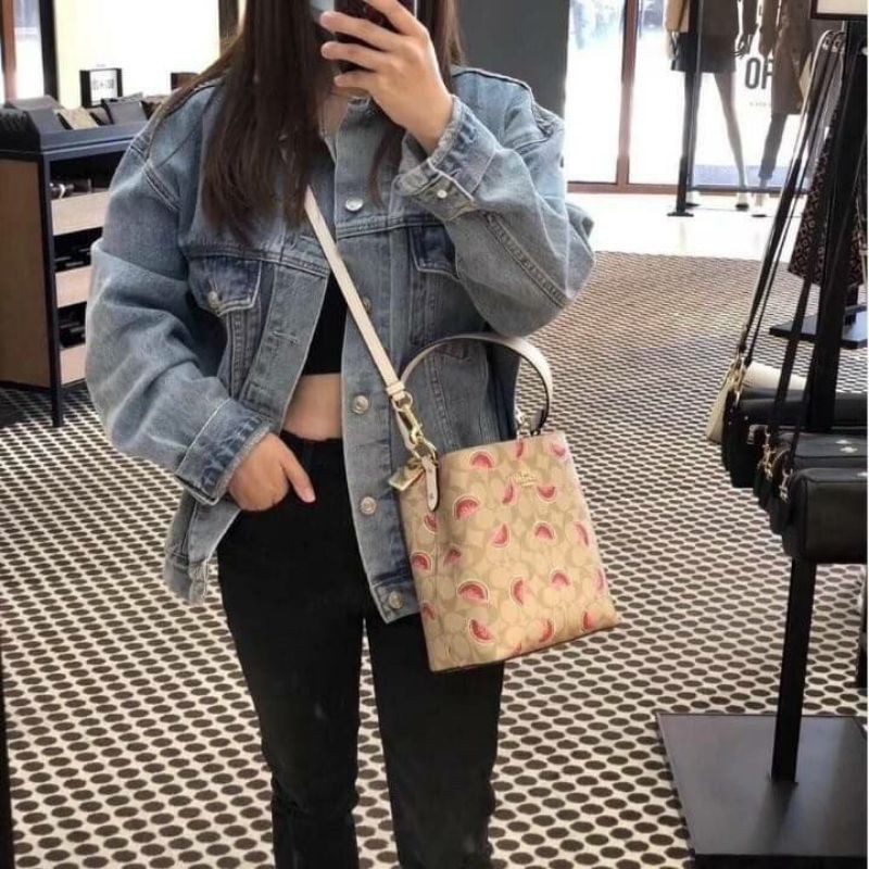 OUTTLET 】COACH SMALL TOWN BUCKET BAG IN SIGNATURE CANVAS WITH WATERMELON PRINT