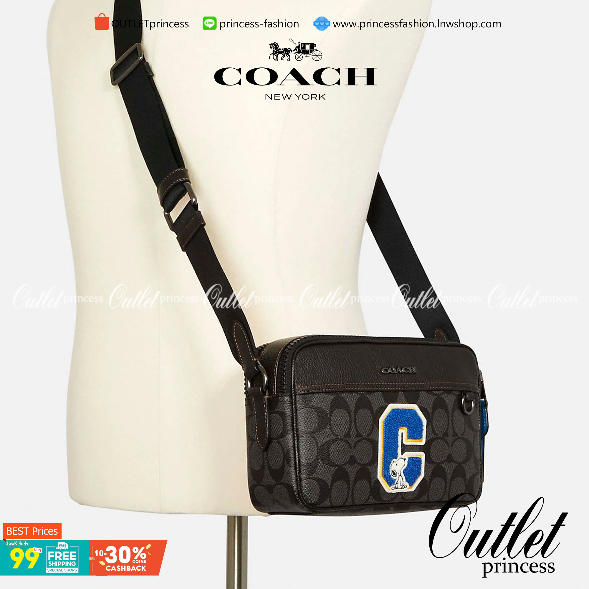 COACH C4027 COACH x PEANUTS GRAHAM CROSSBODY IN SIGNATURE CANVAS WITH SNOOPY จัดให้อีกไอเท็มจ้า สำหรับสาวกสนูปพีโดยเฉพาะ กระเป๋าครอสบอดี้ทรงยอดฮิต รุ่นนี้สามารถใช้ยูนิเซ็กส์ได้เลย สาวๆหนุ่มๆได้หมดไม่เกี่ยง!! รูปทรงดีไซน์คลาสสิค โดดเด่นด้วยตัว C ตกแต่งตัวใ