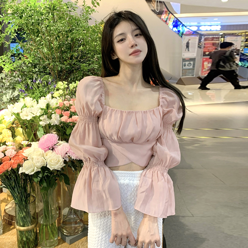 พร้อมส่ง 🐈🫓 Konni tops เสื้อแขนยาวผ้าชีฟองสีชมพูแต่งโบว์ (IN36733)