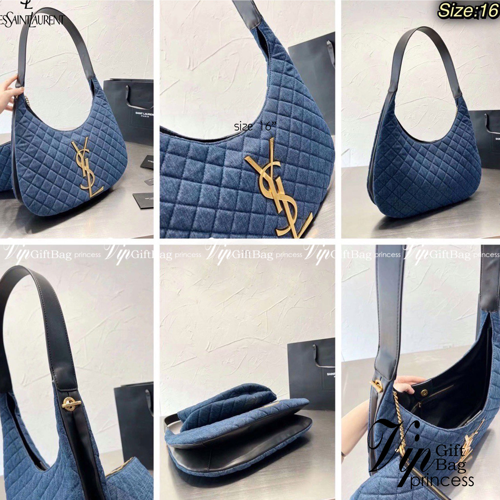 YSL Icare Maxi Shopping Bag In Quilted Lambskin 15" / YSL Icare Maxi Denim กระเป๋าสะพายใบใหญ่ มาพร้อมใบเล็ก หนังบุเย็บลายตาข่าย (Quilted Bag) ดีไซน์โฉบเฉี่ยวกว่าหลายระดับด้วยการประดับฮาร์ดแวร์ทองเหลืองในตัวอักษร Y.S.L สะดุดตา มอบสไตล์เรียบง่ายแต่คลาส