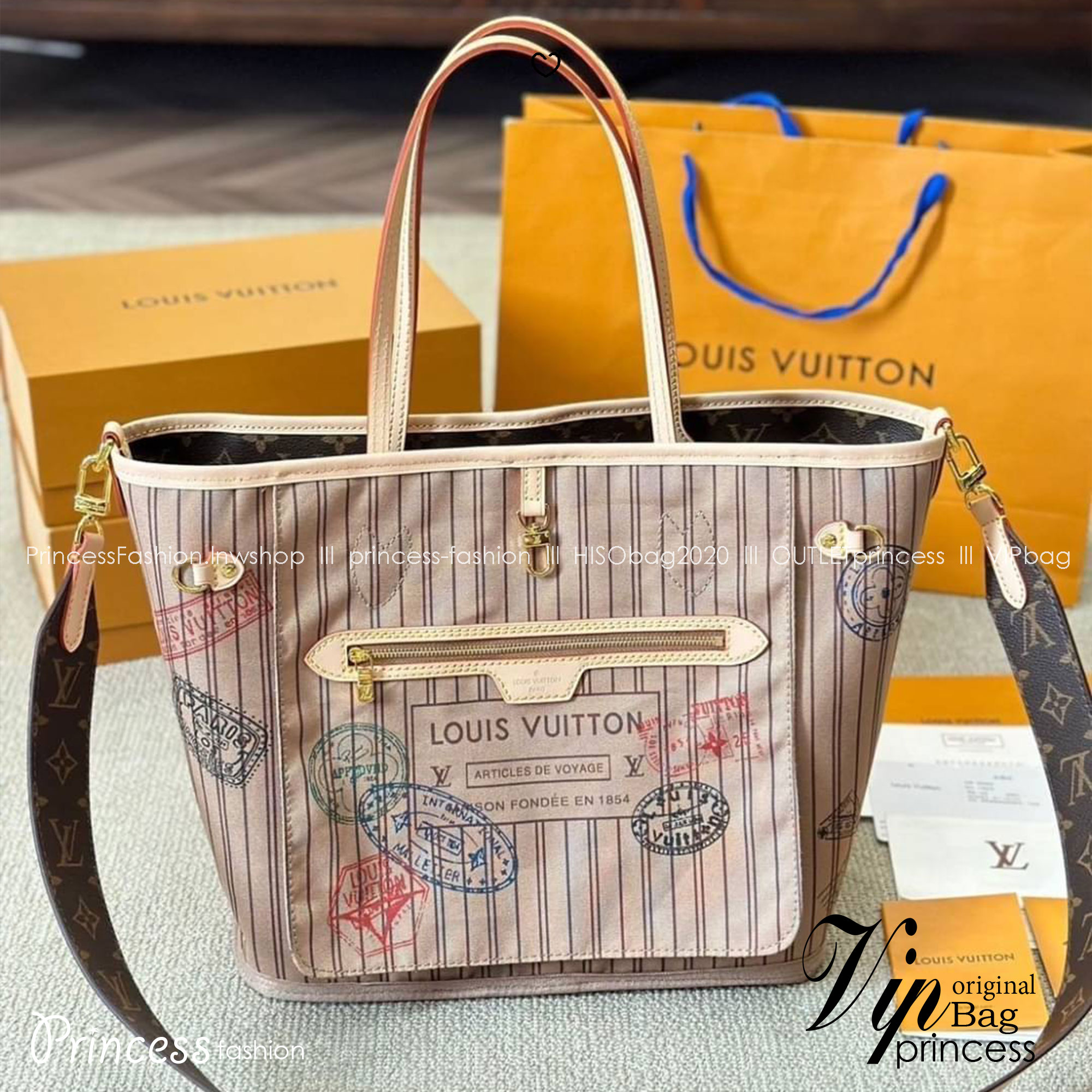 LV Neverfull Bandoulière Inside Out กระเป๋าสะพายทรงโท้ทใบใหญ่ กลับใช้ได้ 2 ด้านสุดคุ้ม ด้วยลายโมโนแกรมแคนวาส อีกด้านเป็นผ้าประทับลายสีเบจสวยโดดเด่นมากๆ