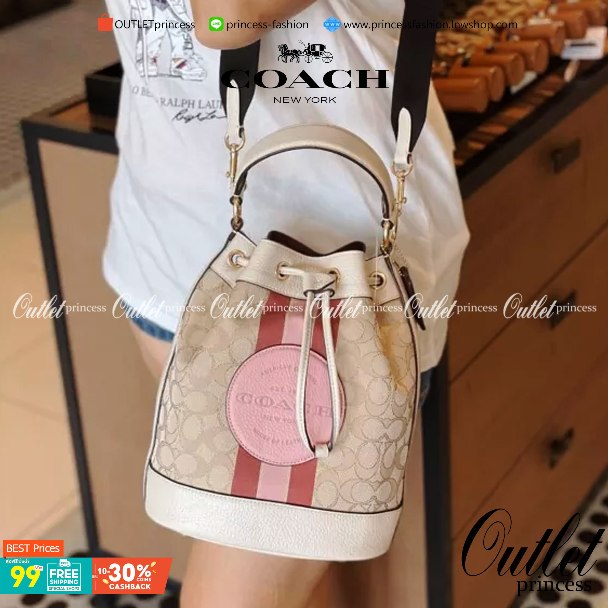OUTLET 】COACH DEMPSEY DRAWSTRING BUCKET BAG IN SIGNATURE JACQUARD WITH STRIPE AND COACH PATCH C4101 C4102 พี่สาวใบใหญ่สุดสวยมาแล้วจ้า!! กระเป๋าทรงถังไซส์ใหญ่ ที่สาวๆรอคอย ใช้งานง่ายด้วยการรูดหนังปิดรอบปากกระเป๋า ทุกอย่างลงตัวที่สุด!! โดดเด่นด้วยลวดลายสีสั