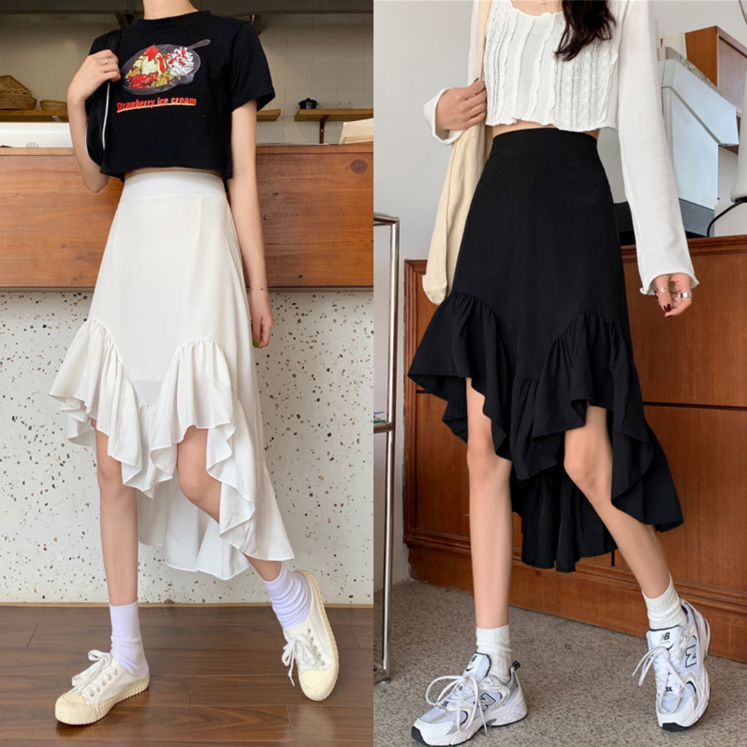 พร้อมส่ง 2 สี 👛 Wissu skirt กระโปรงเอวยางยืดแต่งระบายเฉียง (IN36375)