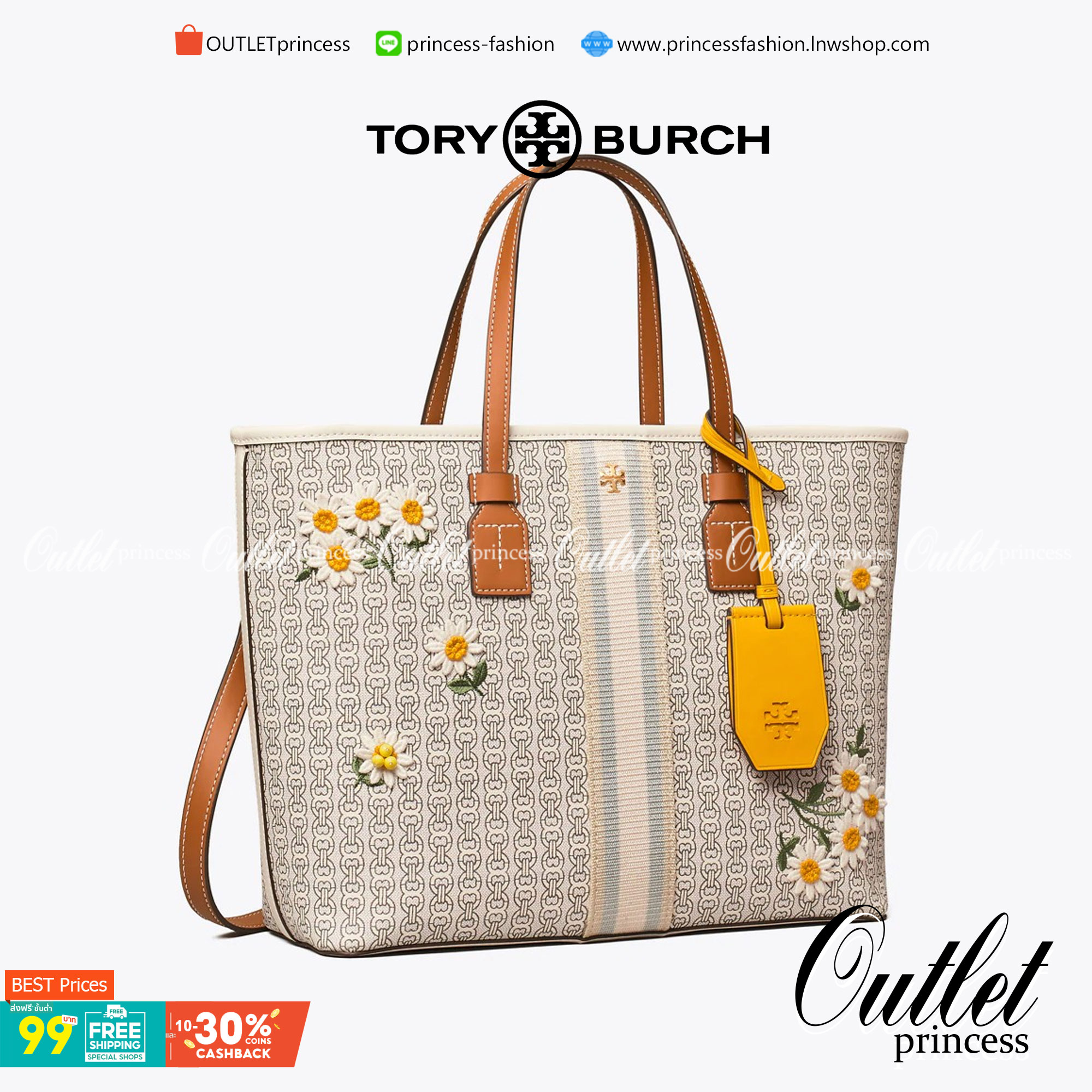 Tory burch Gemini Canvas Applique Small Tote Bag กระเป๋าสุดปังจากทอรี่ เบริช์(Tory Burch) อย่างเจมิไนลิงค์ ในทรง tote bag มีเอกลักษณ์โดดเด่นที่ลายทางตรงกลาง มีการพิมพ์แพทเทิรน์โซ่แบบเรียบหรู เพิ่มความน่ารักจากดอกเดรซี่ที่ถูกจัดวางให้ดูมีสีสัน มีสายสะพายให