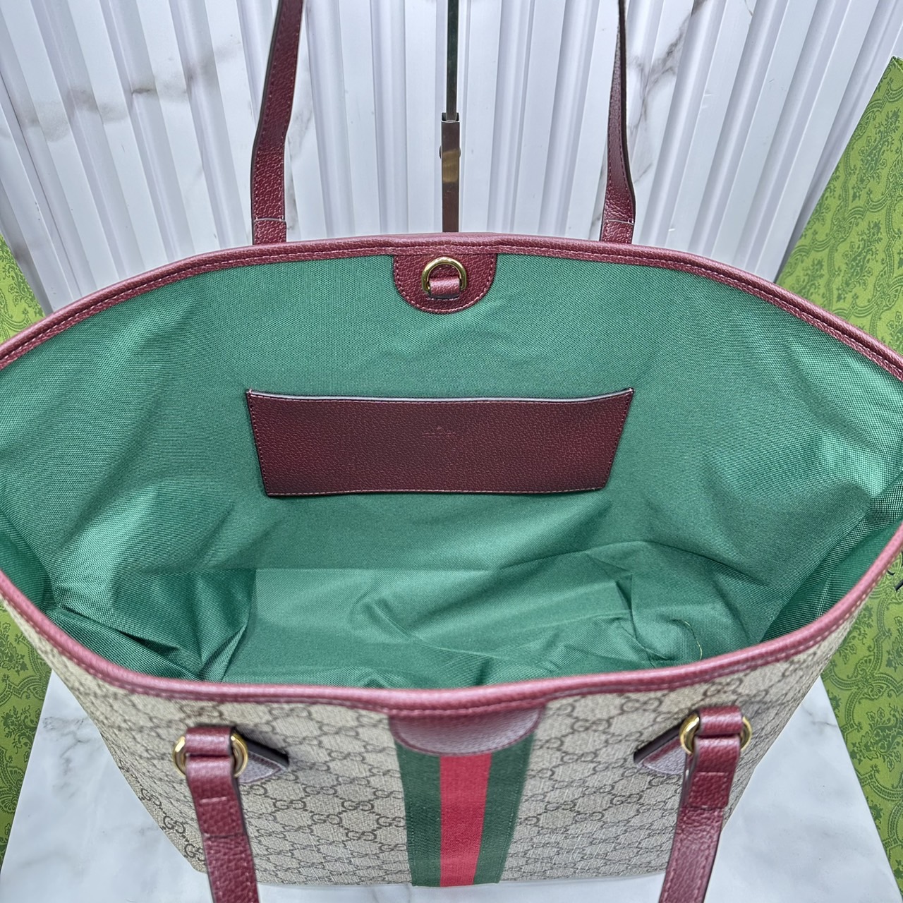 ORI หนังแท้ | Gucci Ophidia medium tote bag GG Monogram Double G / Gucci Tote Bag กระเป๋าสะพายทรงโท้ทใบใหญ่ ภายในโล่งกว้างจุของได้เยอะ