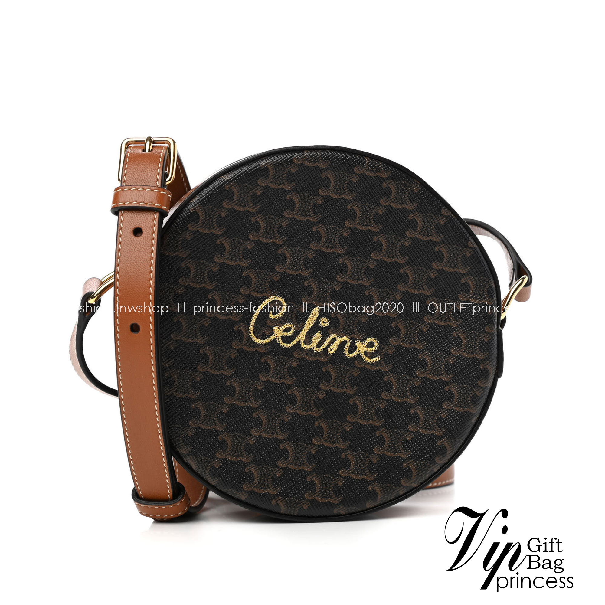 CELINE ROUND PURSE ON STRAP IN TRIOMPHE CANVAS / พร้อมส่งที่ไทยกับ CELINE CROSSBODY BAG กระเป๋าทรงครอสบอดี้ ใบกลมเล็กน่ารัก วัสดุหนังทั้งใบ ตกแต่งด้วยโลโก้แบรนด์ปักเลื่อมด้านหน้า