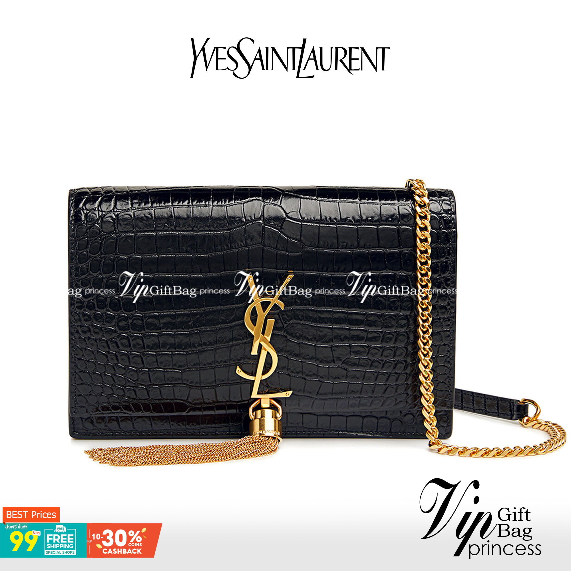 VIP 】หนังแท้ YSL Saint Laurent Kate Tassel Bag in Black Crocodile-Embossed Leather with Gold Hardware