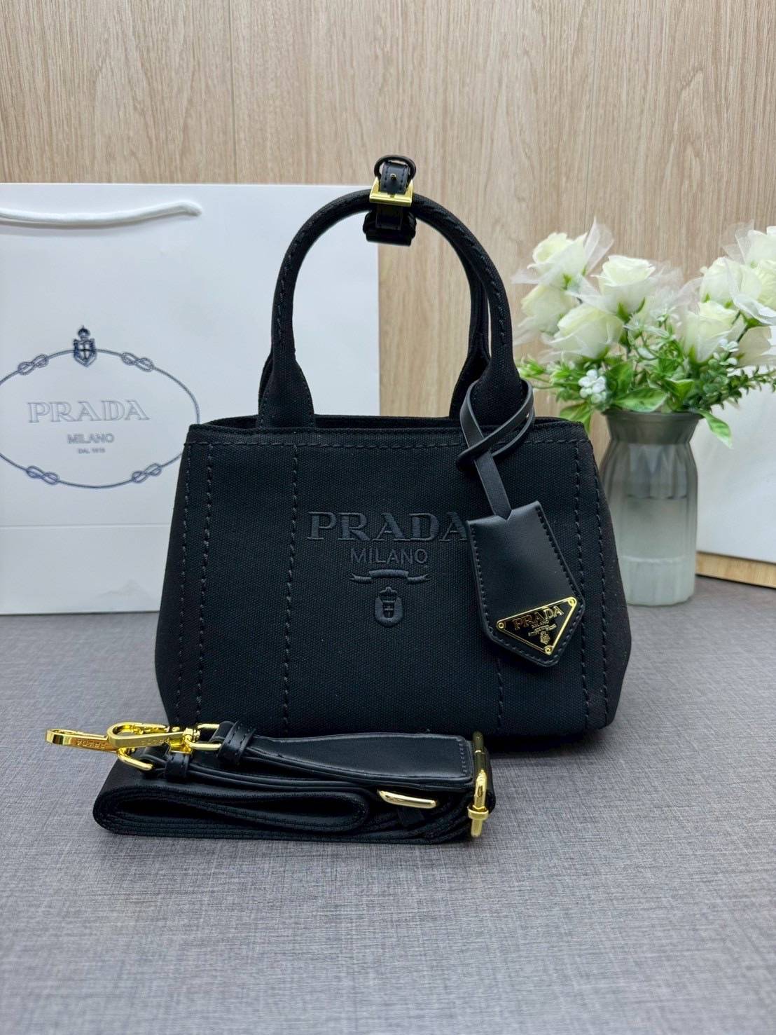 ORI หนังแท้ | Prada Jardinière linen blend mini-bag / Prada Tote Bag กระเป๋าทรงโท้ทใบเล็กน่ารัก ผ้าลินินผสม มาพร้อมดีไซน์ทันสมัย