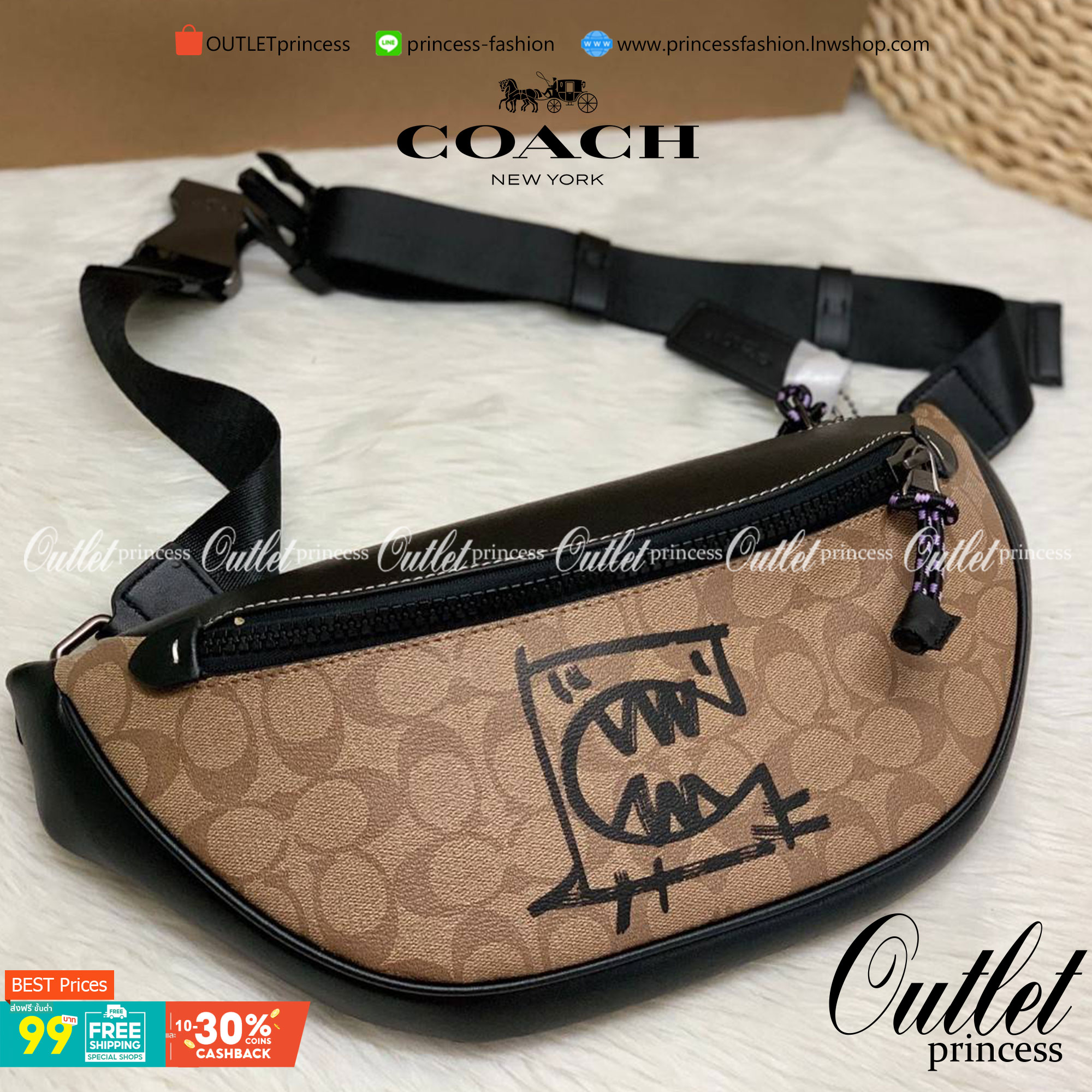 OUTTLET 】COACH Rivington Belt Bag In Signature Canvas With Rexy By Guang Yu (75761) กระเป๋าคาดอก หนังแท้เรียบ นิ่มสวย ด้านหน้าเด่นด้วยลายปริ้นท์เก๋เท่ มากๆค่ะ มีช่องซิปหลักให้2ช่องใส่ของได้จุเลยนะคะ สายคาดเลื่อนปรับแบบฟรีไซด์ค่ะ 📌ใบจริงสวย สะพายวั