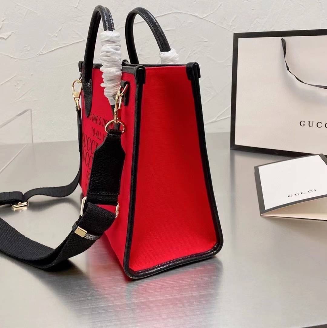 VIP 】Gucci 100 small tote bag Hibiscus red felt with Gucc100 print Black leather พร้อมส่งที่ไทย