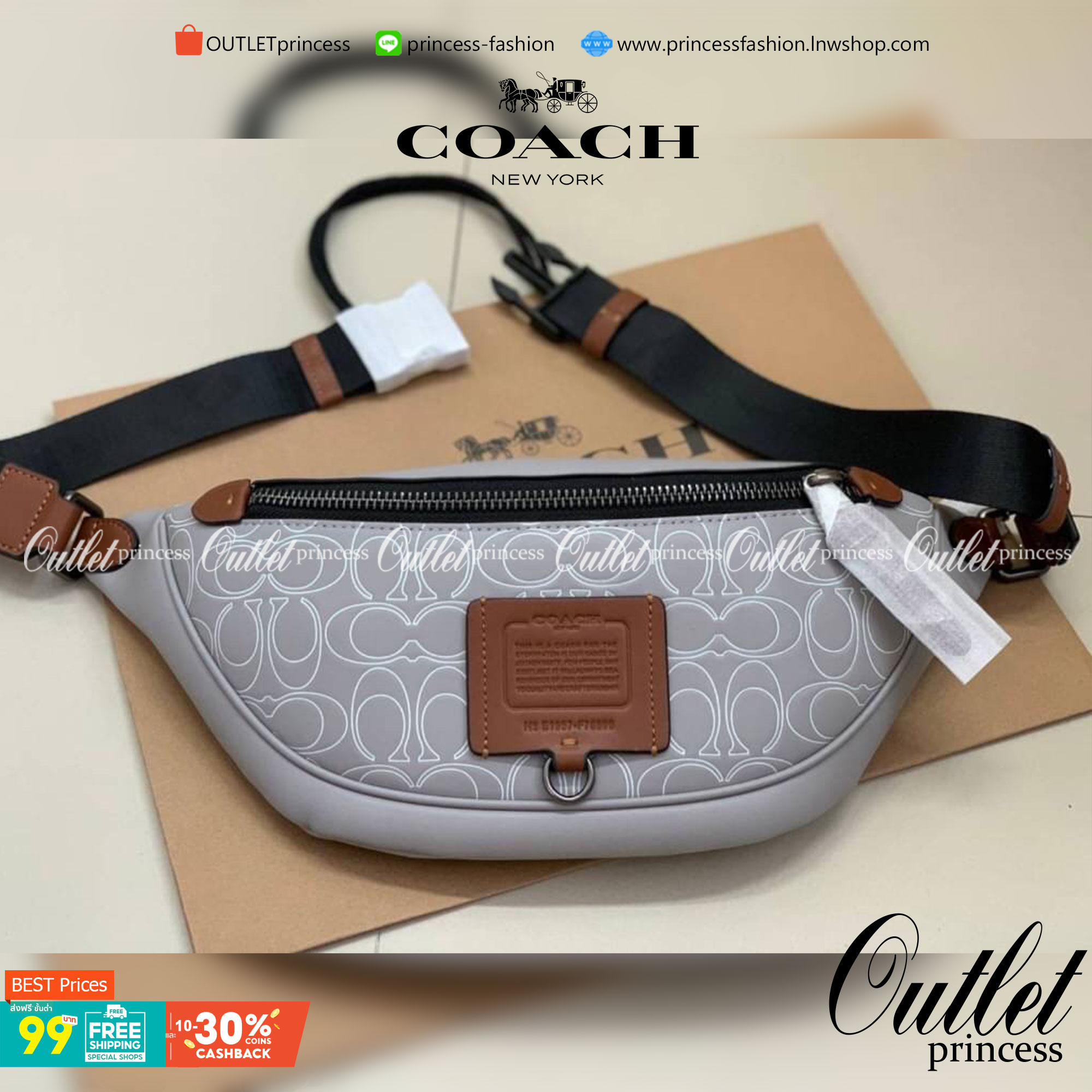 OUTTLET 】COACH RIVINGTON BELT BAG IN REFLECTIVE SIGNATURE LEATHER (78899)