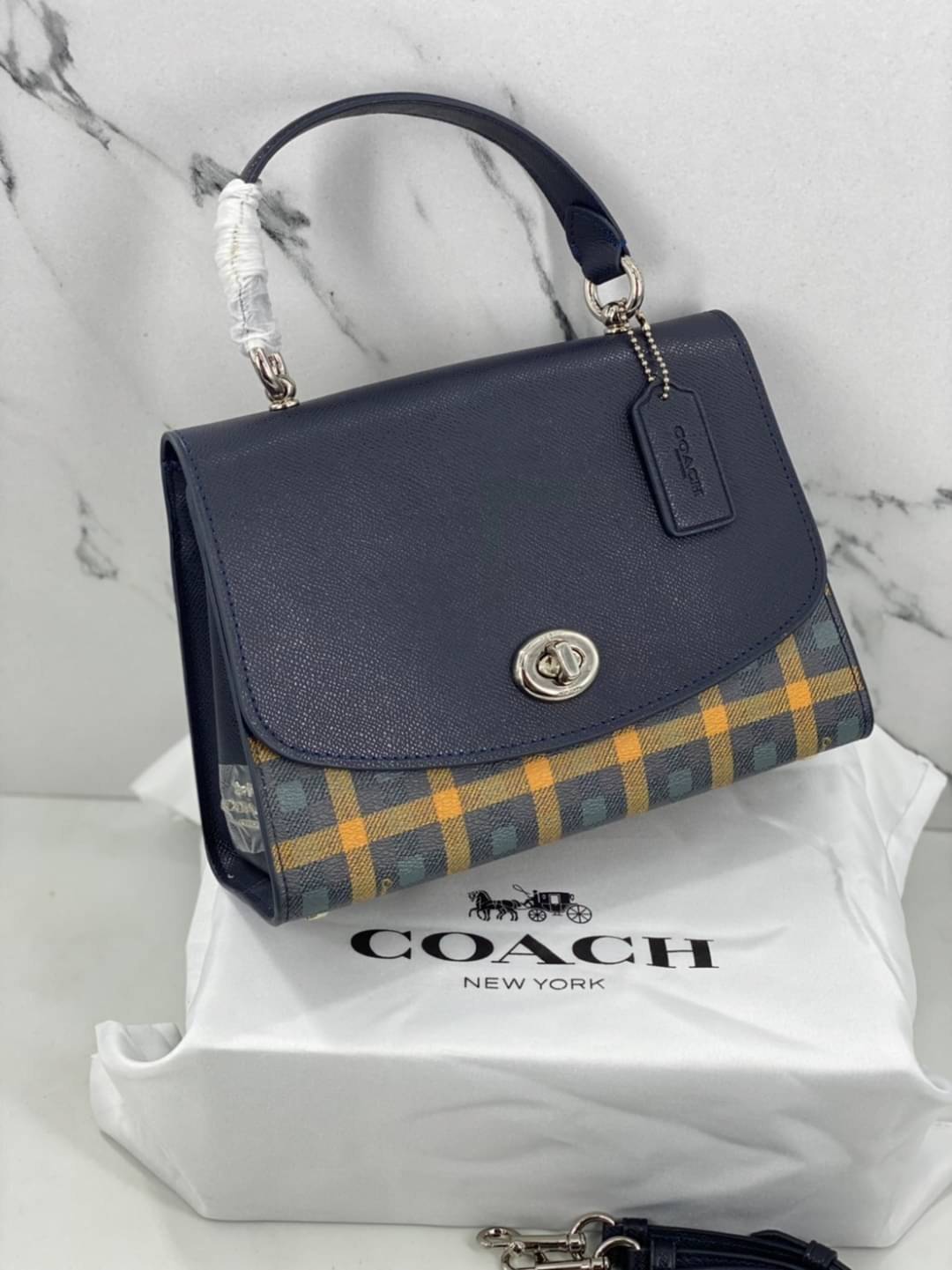 COACH TILLY TOP HANDLE SATCHEL WITH GINGHAM PRINT (COACH F76615) BROWN PINK MULTI/GOLD