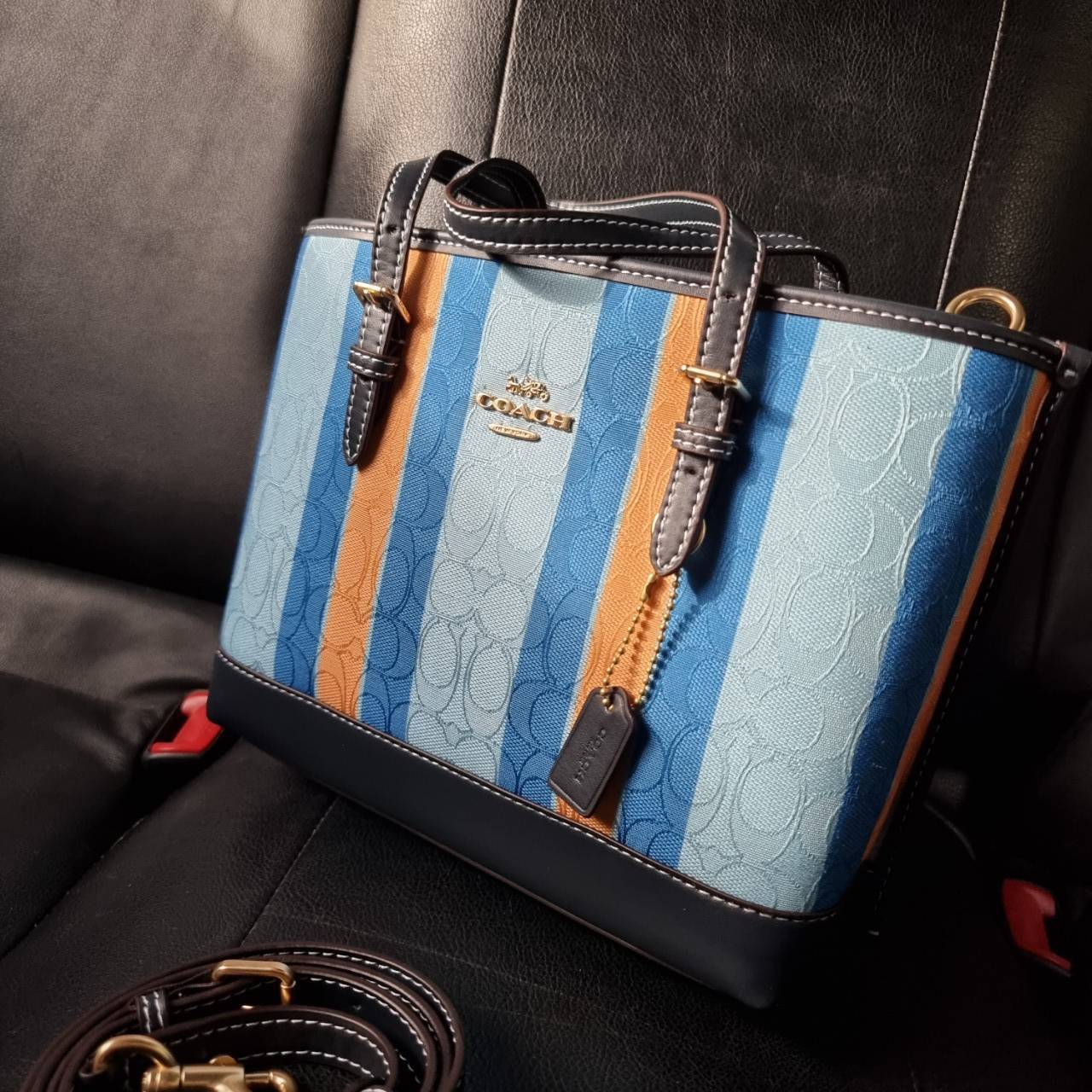 COACH C4086 MOLLIE TOTE 25 IN SIGNATURE JACQUARD WITH STRIPES แจกความสดใสด้วยลุคคัลเลอร์ฟูล กระเป๋าทรงโท้ท มินิไซส์ ตกแต่งลายเอกลักษณ์ถักทออยู่บนผ้า jacquard ตัดกับลายเส้นสีสันสวยงาม ลงตัวไม่ซ้ำใคร ภายในเป็นช่องโล่ง มีช่องซิปกลางใส่ของได้ ขนาดกำลังดีแบบใส