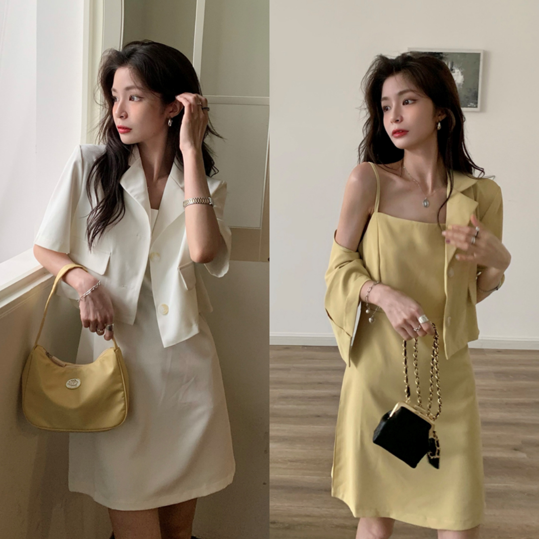 พร้อมส่ง 2 สี 🎪🎨 Samka set เดรสสายเดี่ยว เสื้อเบลเซอร์ (เซท 2 ชิ้น) (IN36434) สำเนา