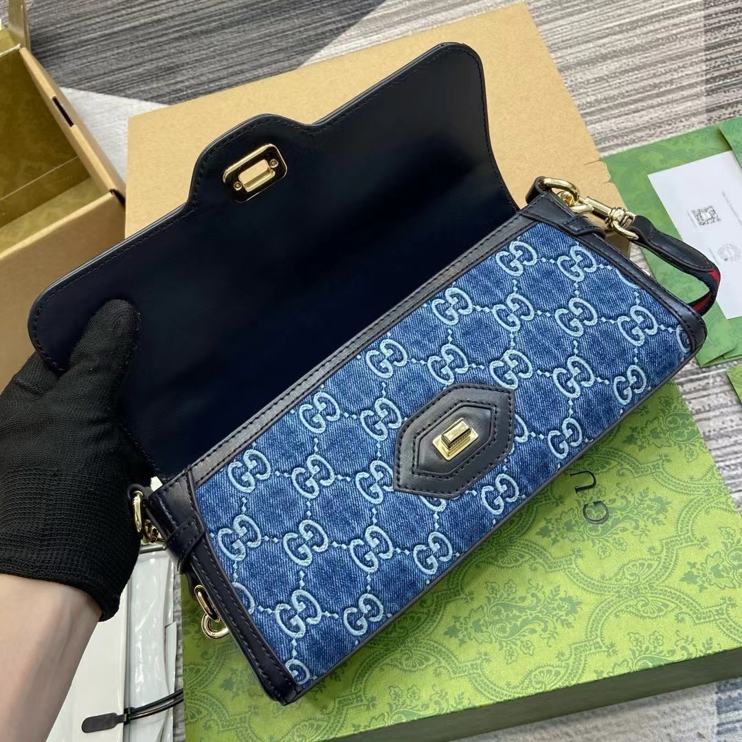 GUCCI LUCE SMALL SHOULDER BAG Blue GG denim leather trim กระเป๋าสะพายไหล่เดนิม เกรดออริ ท็อป สลับแท้ 1:1 เกรดดีสุด ใช้งานต่างประเทศได้