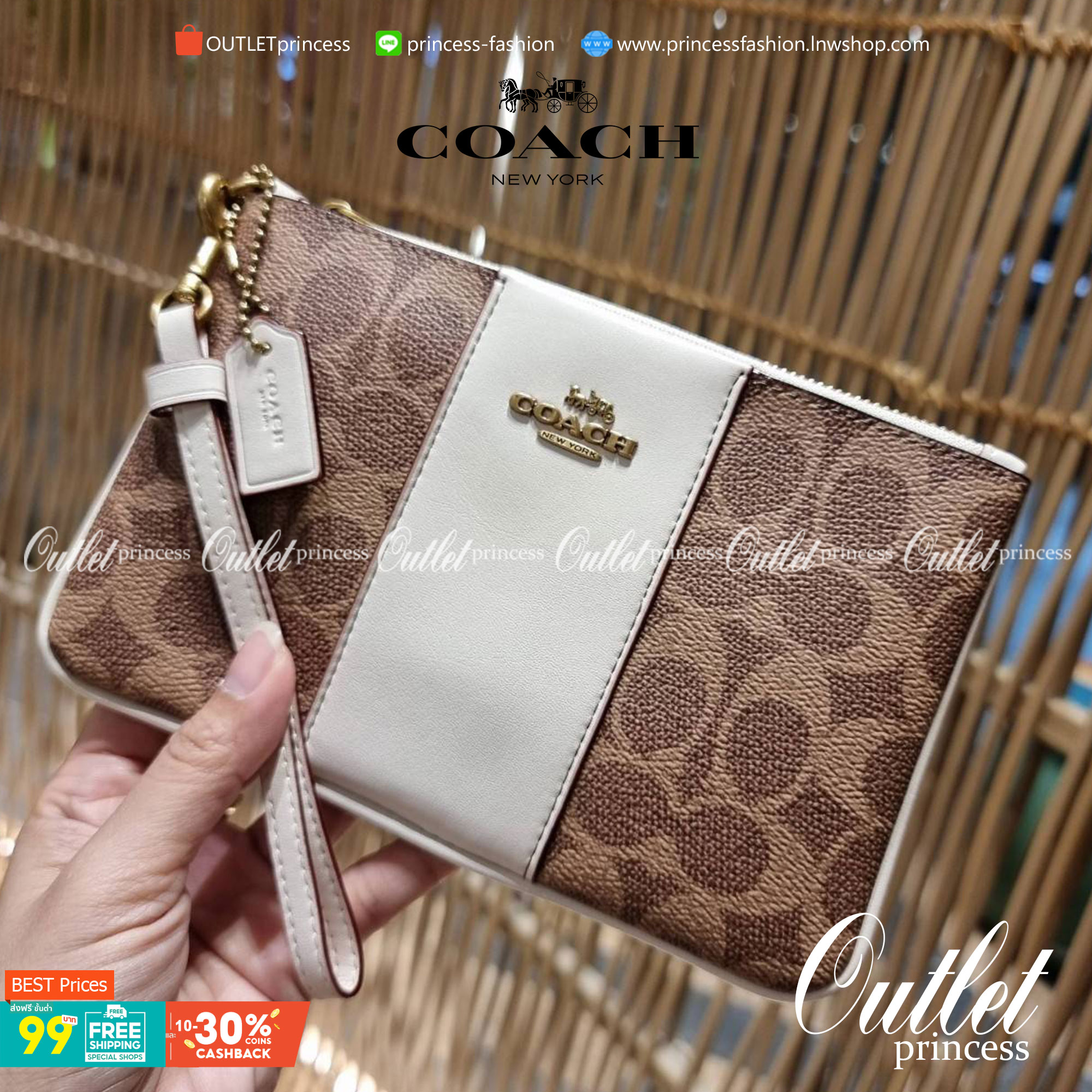 COACH 32445 SMALL WRISLET IN COLORBLOCK SIGNATURE CANVAS คอลเลคชั่นคัลเลอร์บล็อคสวยหรู ในรูปแบบกระเป๋าคล้องมือ ขนาดพกพา ไซส์กำลังสวยมากๆ พกง่ายไปเลยจ้า วัสดุหนังแคนวาส ตัดหนังแท้ ภายในโล่ง มีช่องใส่บัตร ตอบโจทย์สาวๆที่ไม่ชอบความพะรุงพะรัง พกใบนี้คือสะดวกส