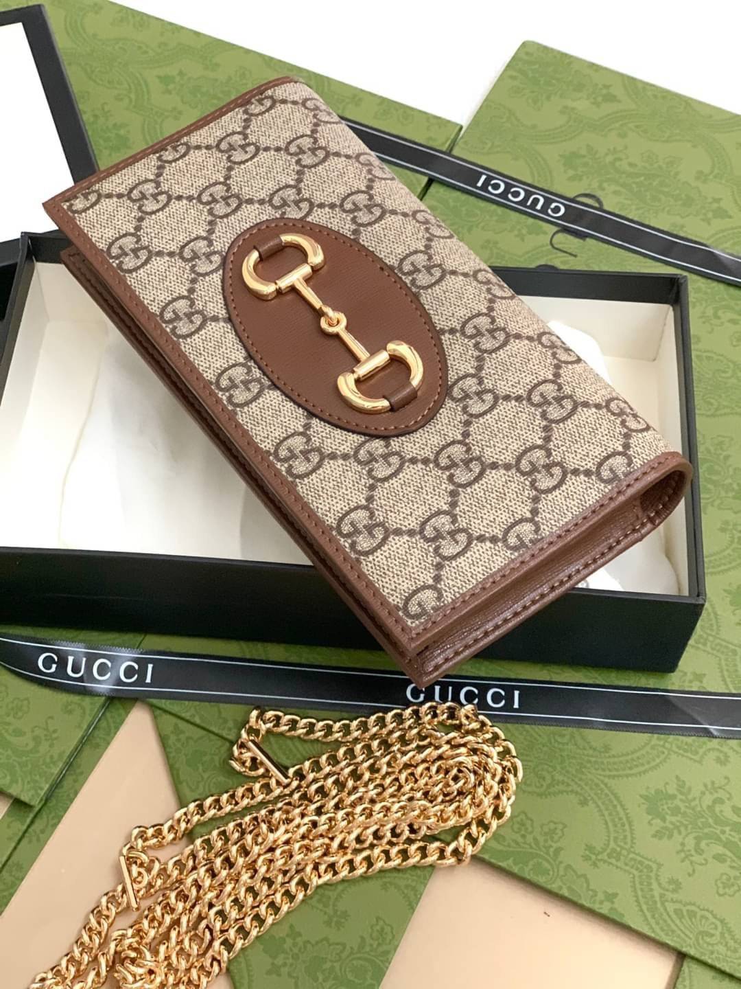 VIP 】GUCCI 1955 Horsebit PRINT GG Unisex Wallet Crossbody With Chain กระเป๋าสตางค์ใบยาวคล้องไหล่หนังแท้ [Box set]