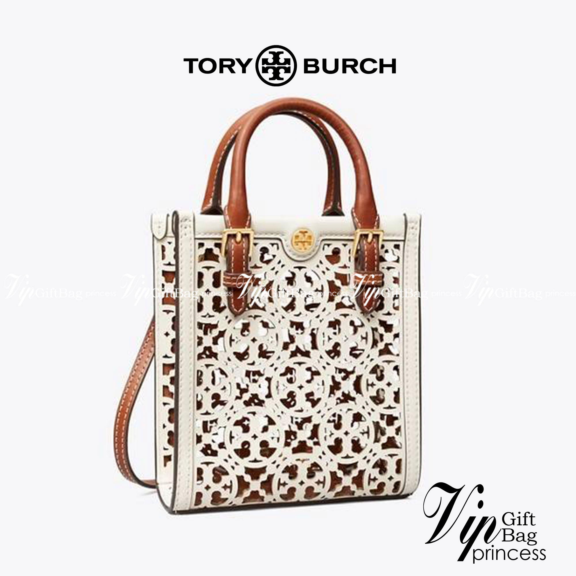 TORY BURCH T MONOGRAM LASER-CUT MINI TOTE ใจบางที่สุดกับคอลเลคชั่นนี้ กับกระเป๋าสะพายทรงโท้ท ไซส์มินิ ที่เพิ่มดีเทลความแพงด้วยการฉลุลวดลายโมโนแกรมรอบใบ ถักทอเป็นเส้นลายสานที่สวยงามมาก งานฝีมือจริงๆ วัสดุหนัง cowhide ปากกระเป๋ามีแถบแม่เหล็กกันหล่น และมีหูจ