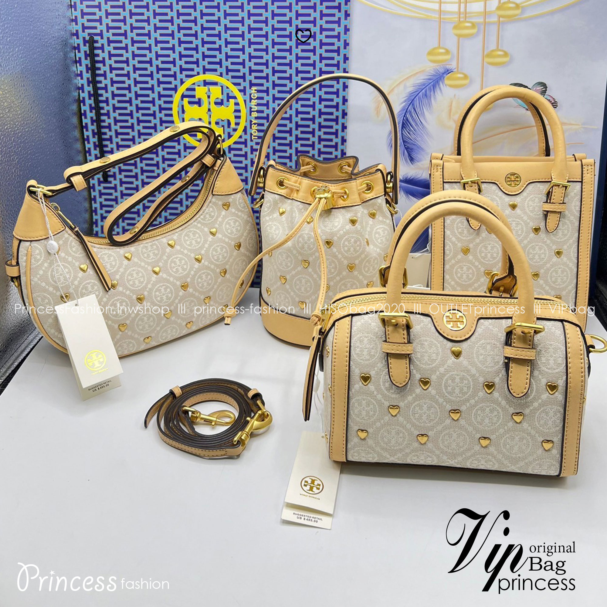 TORY BURCH T MONOGRAM EMBELLISHED MINI BUCKET BAG NEW IVORY MULTI กระเป๋าทรงบัคเก็ตแต่งหัวใจสีทองสวยหรู น่ารักรุ่นใหม่ล่าสุด เกรดท็อปออริ เทียบแท้ 1:1 เกรดดีสุด ใช้งานต่างประเทศได้